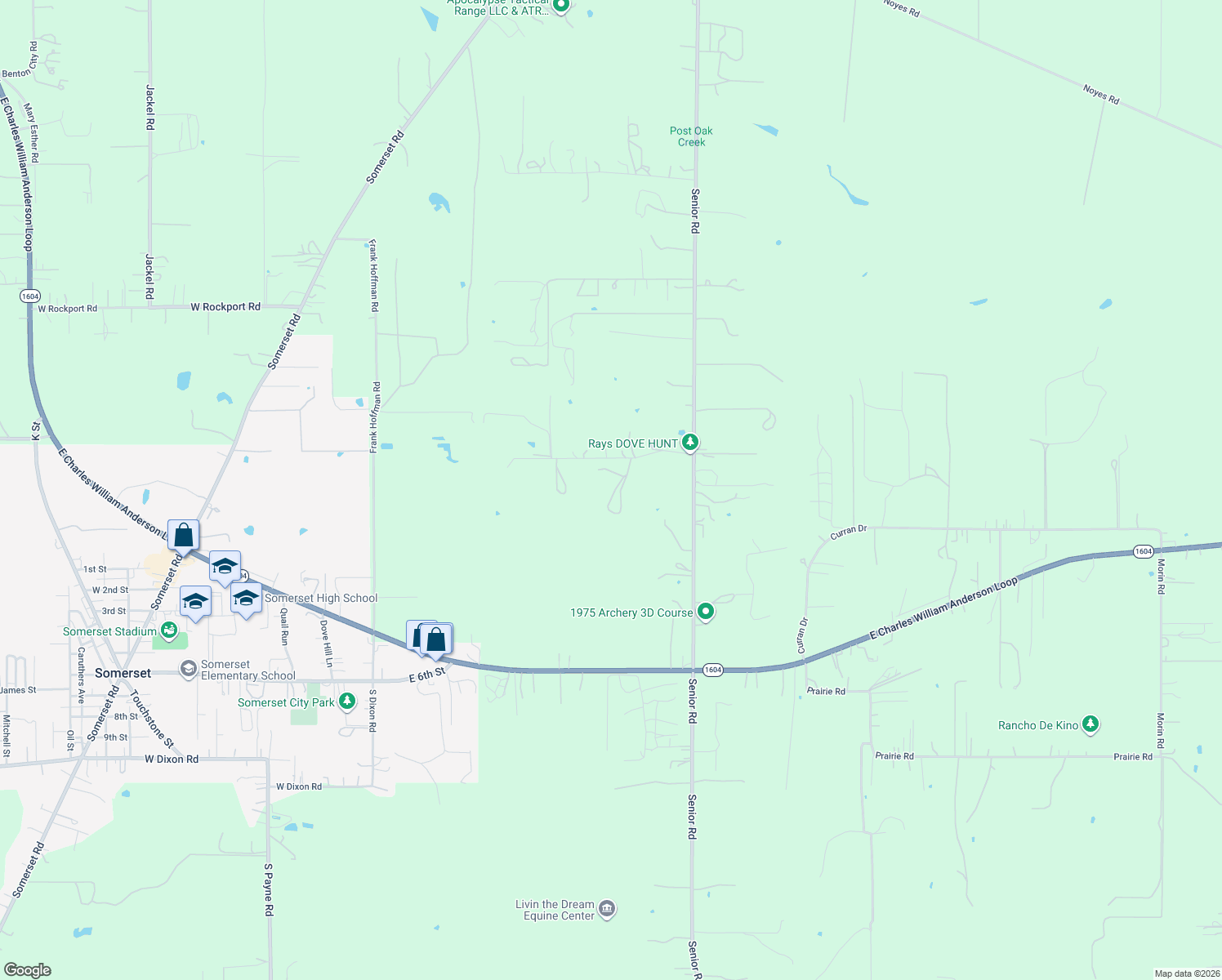 map of restaurants, bars, coffee shops, grocery stores, and more near 19057 Senior Road in Von Ormy