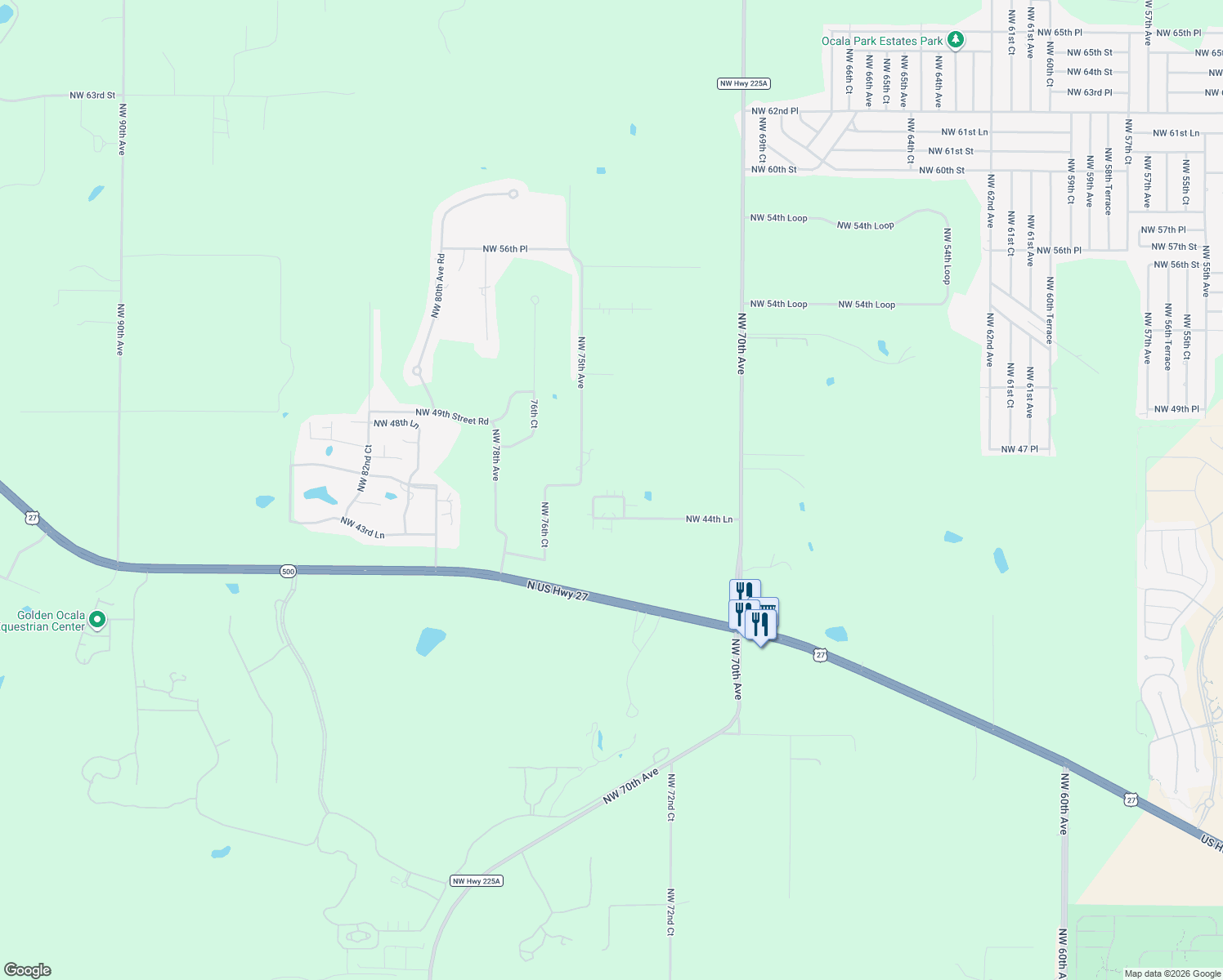 map of restaurants, bars, coffee shops, grocery stores, and more near 7417 Northwest 45th Lane in Ocala