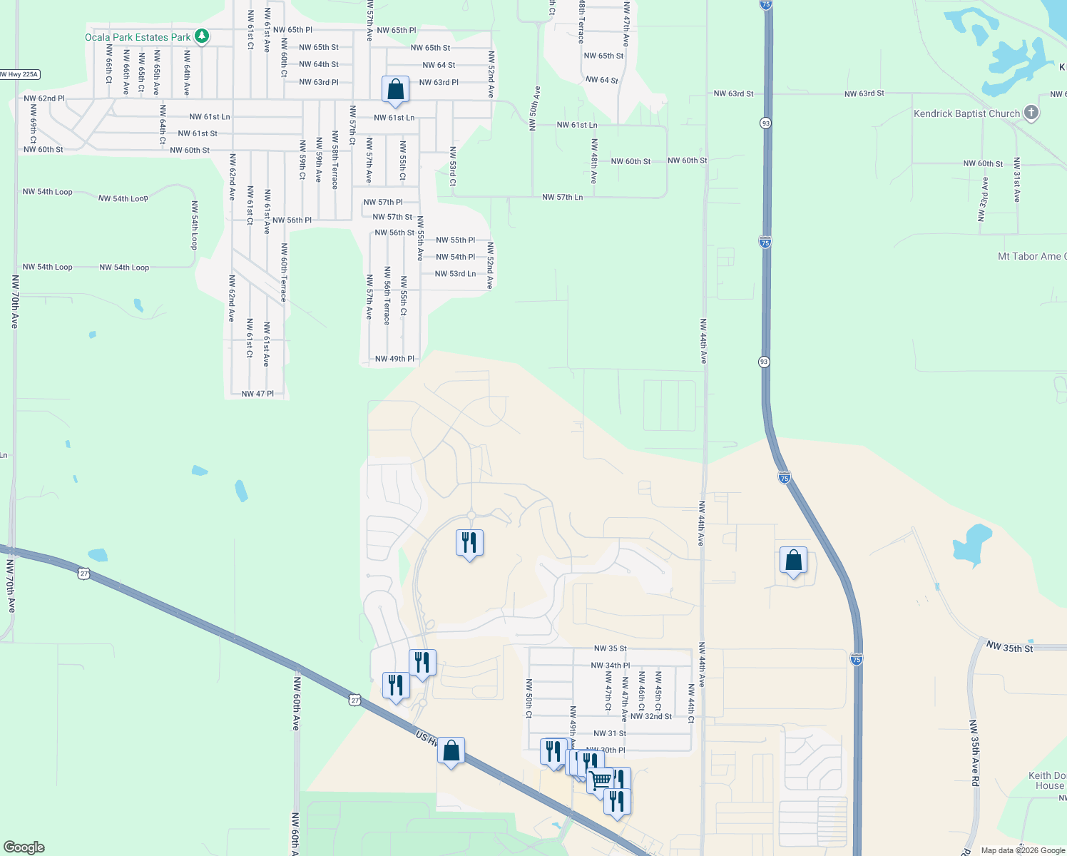 map of restaurants, bars, coffee shops, grocery stores, and more near 4610 Northwest 49th Avenue in Ocala