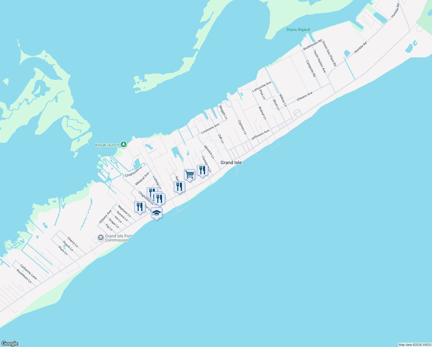 map of restaurants, bars, coffee shops, grocery stores, and more near 3416 Louisiana 1 in Grand Isle