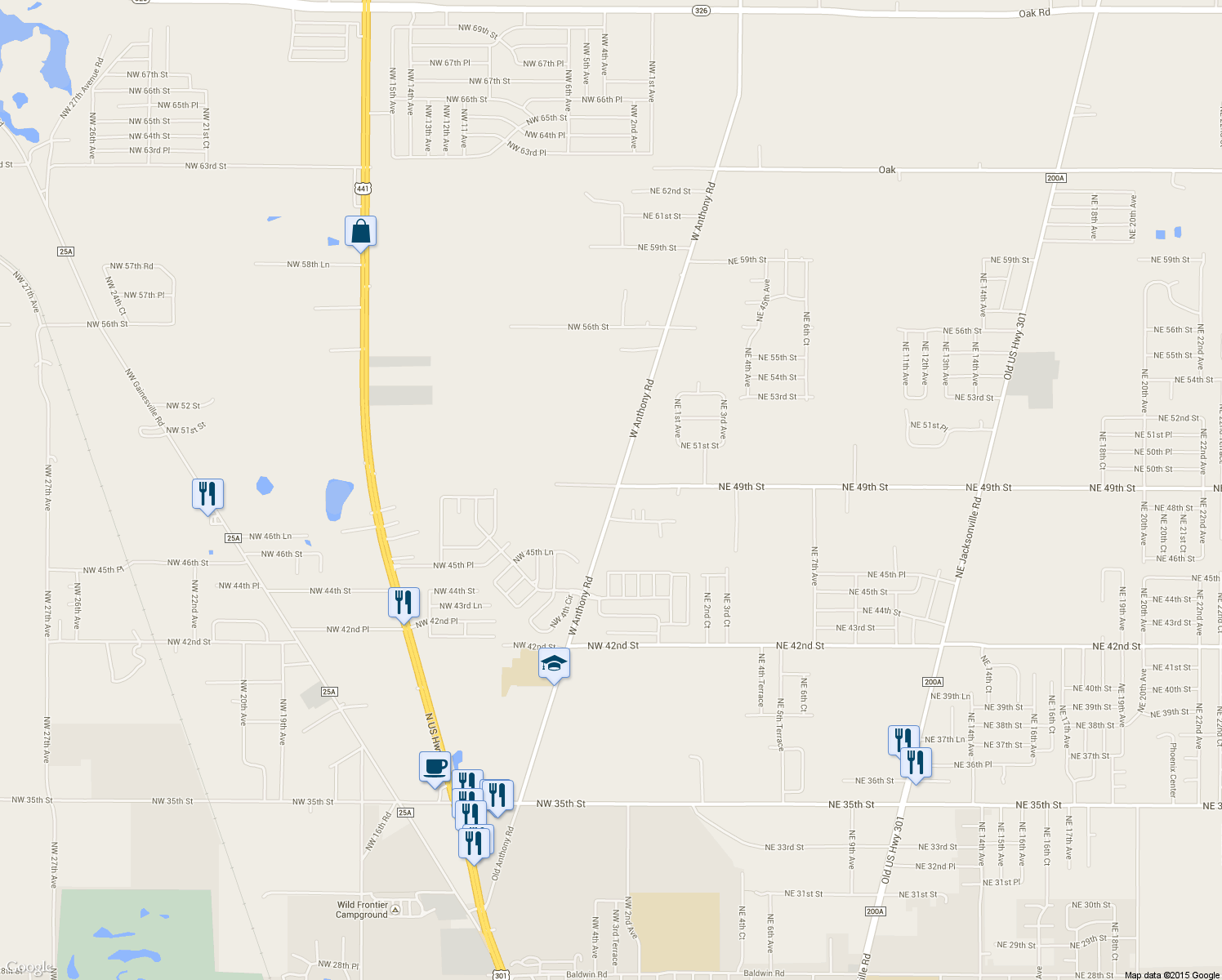 map of restaurants, bars, coffee shops, grocery stores, and more near 4808 West Anthony Road in Ocala