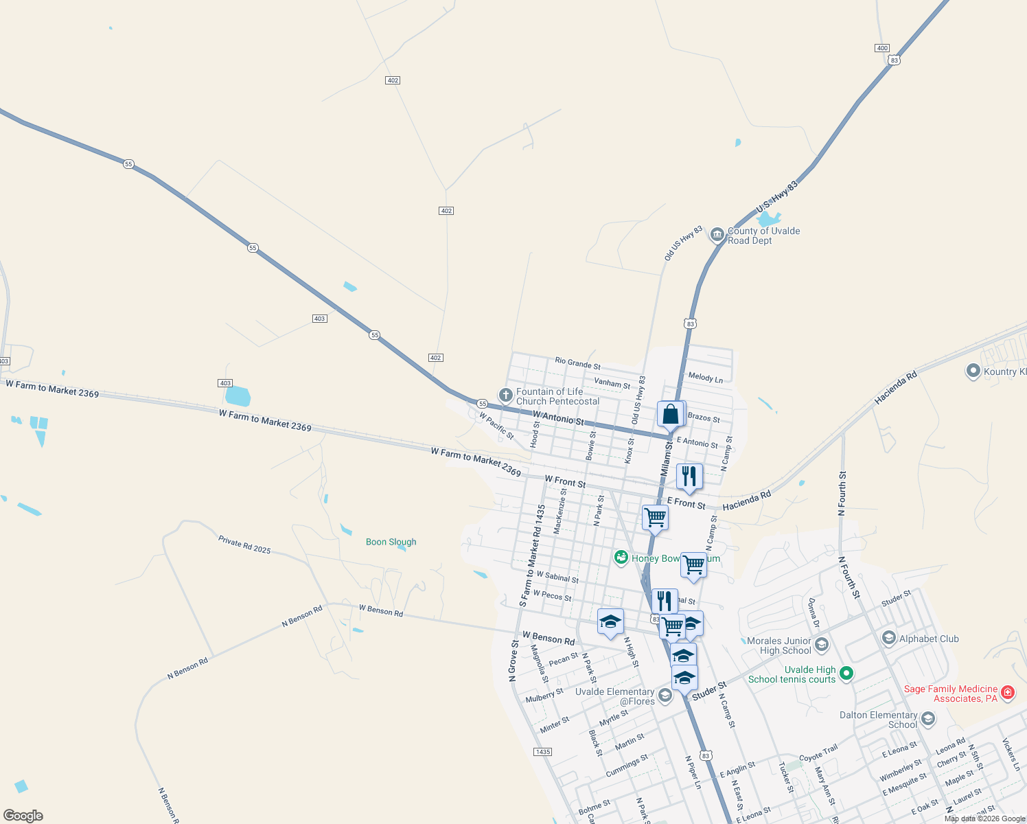 map of restaurants, bars, coffee shops, grocery stores, and more near 631 W Antonio St in Uvalde