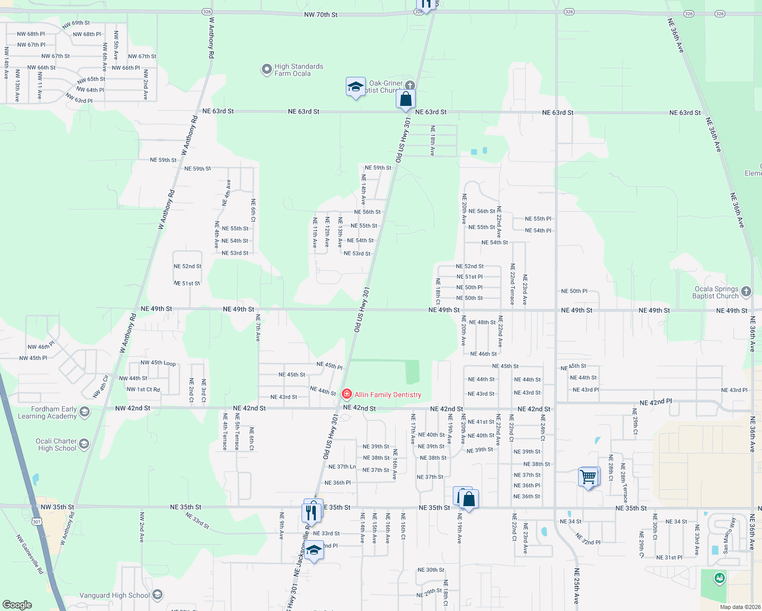 map of restaurants, bars, coffee shops, grocery stores, and more near 1519 Northeast 49th Street in Ocala