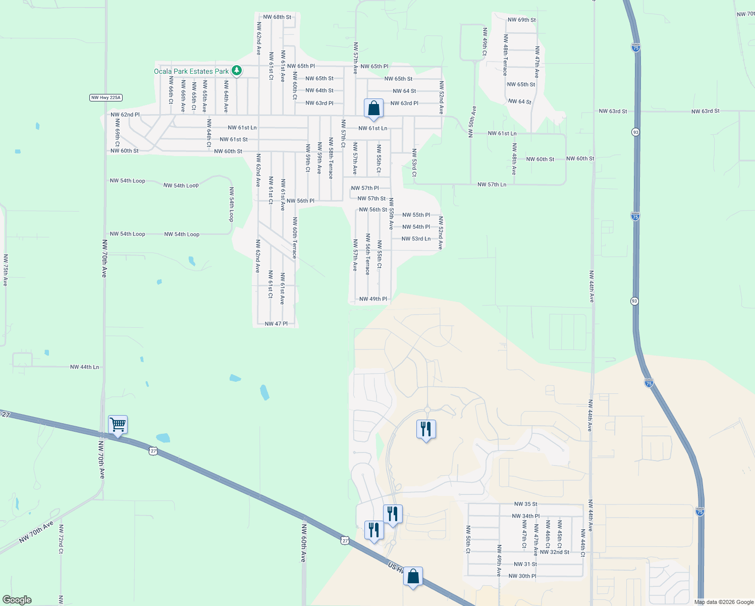 map of restaurants, bars, coffee shops, grocery stores, and more near 5550 Northwest 49th Place in Ocala