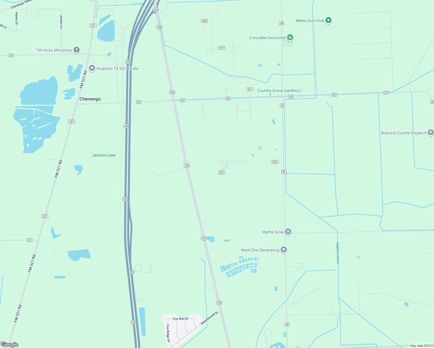 map of restaurants, bars, coffee shops, grocery stores, and more near 54 County Road 533 in Angleton