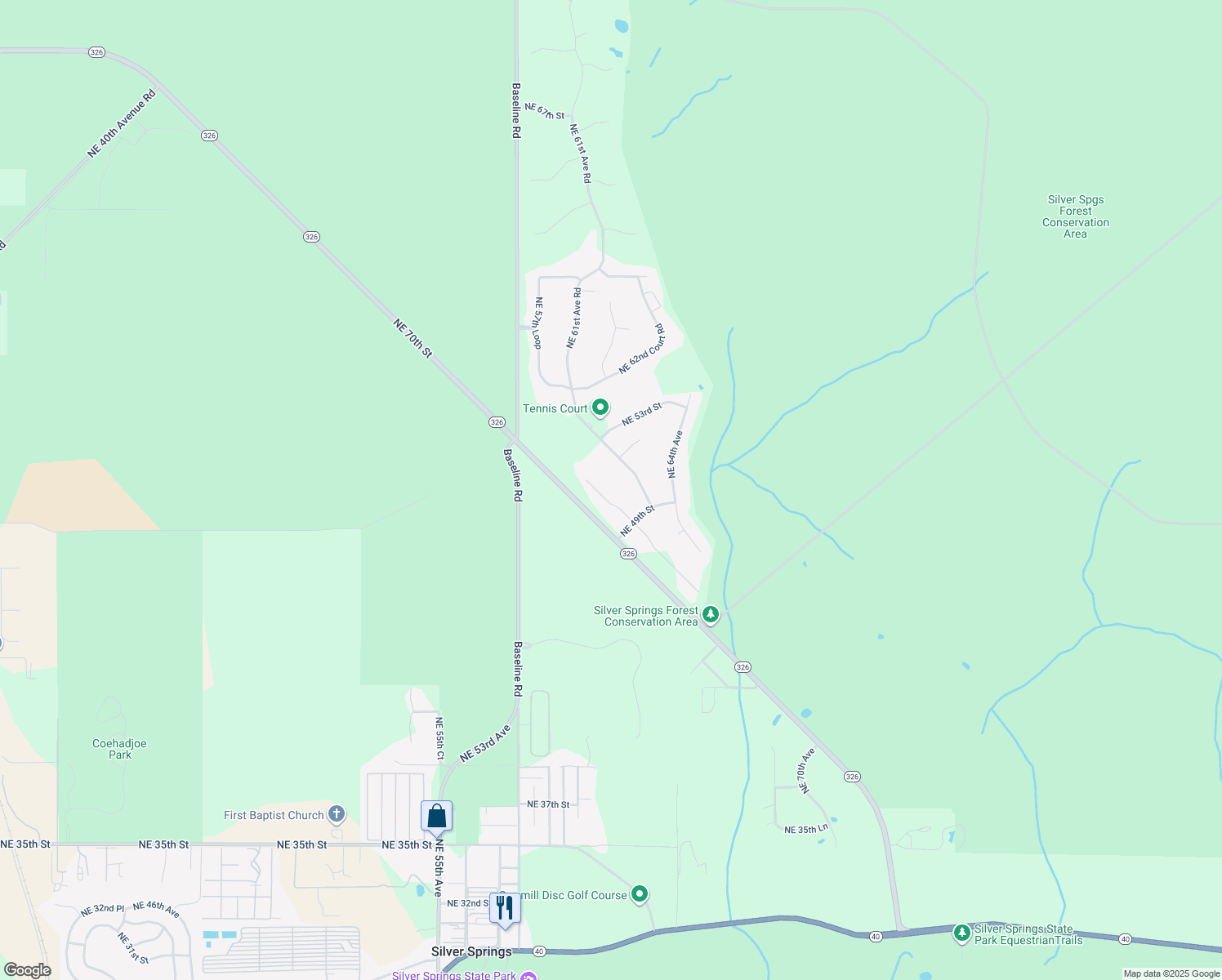 map of restaurants, bars, coffee shops, grocery stores, and more near 5075 Northeast 60th Terrace in Silver Springs
