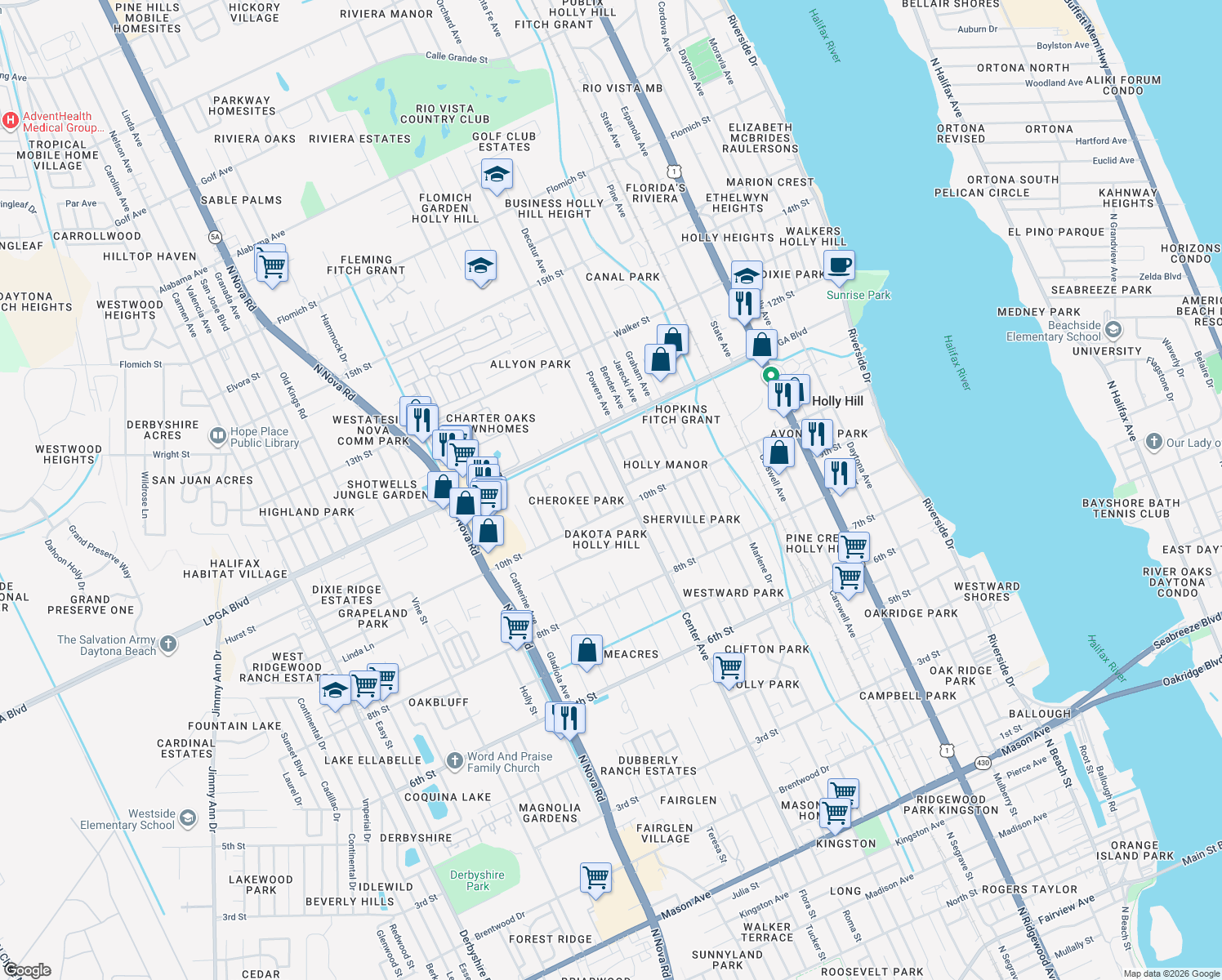 map of restaurants, bars, coffee shops, grocery stores, and more near 1009 Cherokee Ranch Rd in Daytona Beach