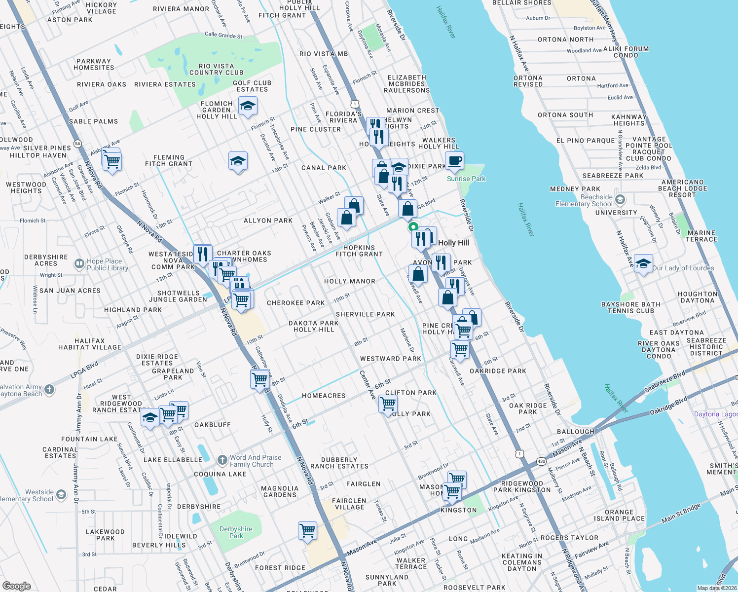 map of restaurants, bars, coffee shops, grocery stores, and more near 923 Jasmine Ave in Holly Hill