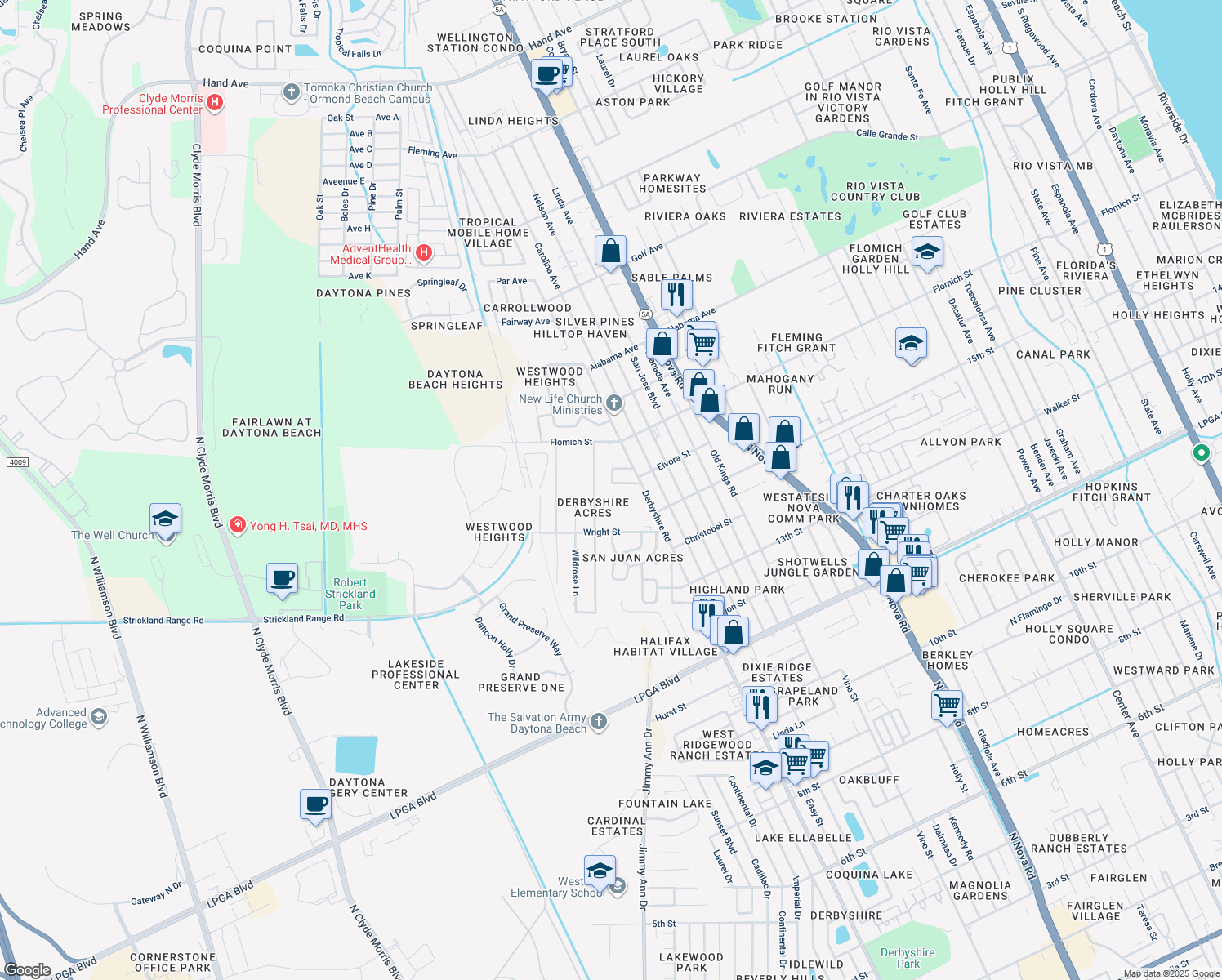 map of restaurants, bars, coffee shops, grocery stores, and more near 1448 Richmond Avenue in Daytona Beach