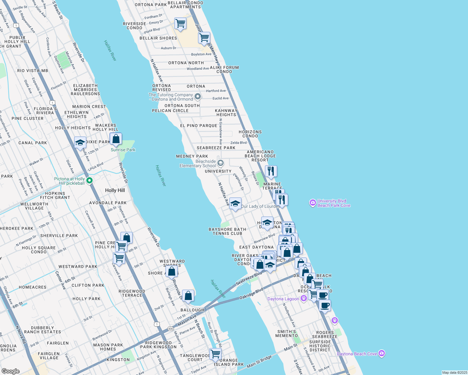 map of restaurants, bars, coffee shops, grocery stores, and more near 1104 Jacaranda Avenue in Daytona Beach