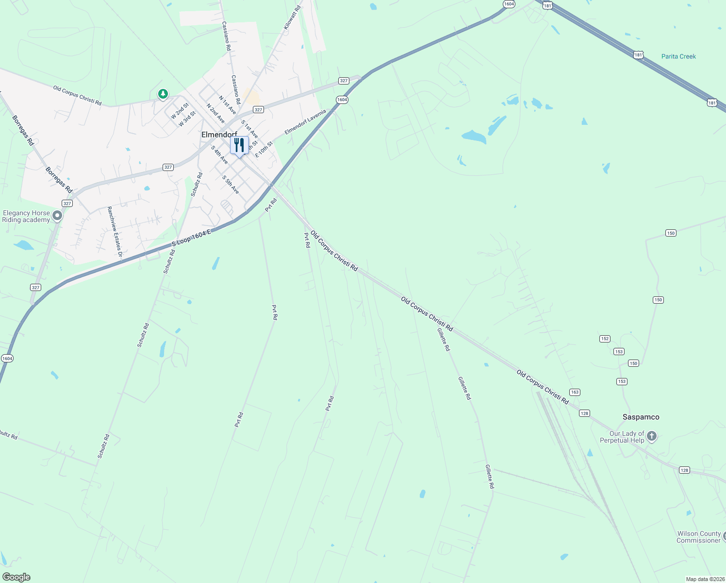 map of restaurants, bars, coffee shops, grocery stores, and more near 18173 Lagloria Rd in Elmendorf