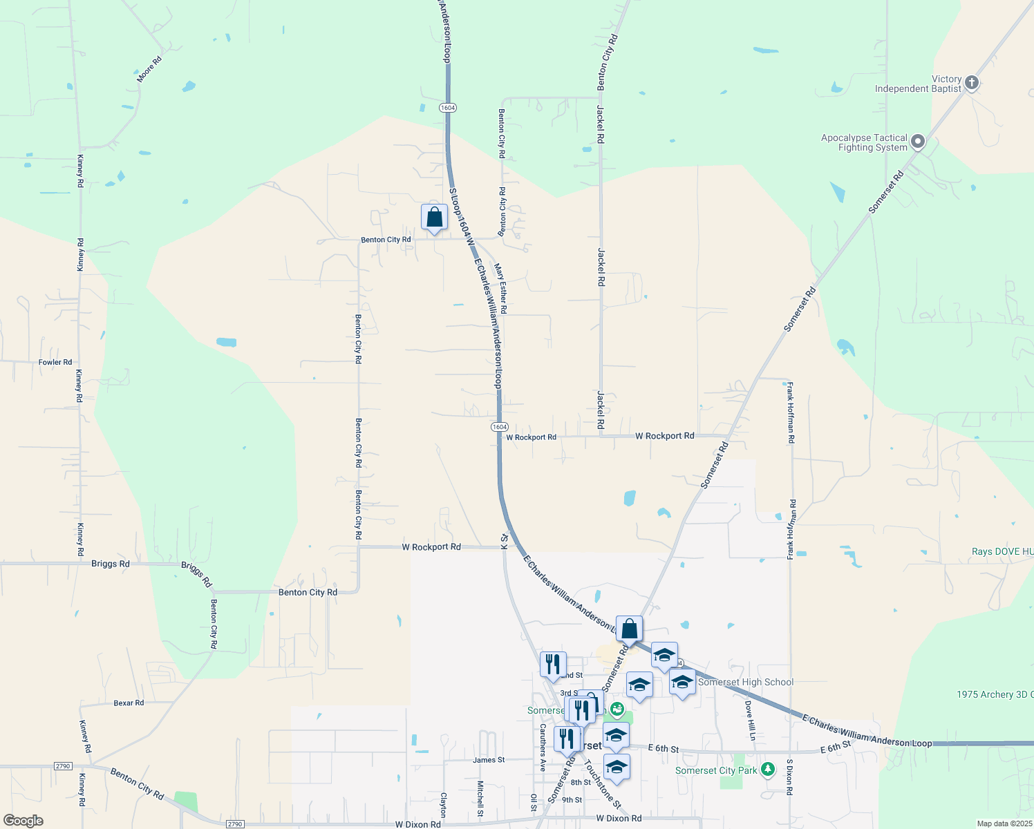 map of restaurants, bars, coffee shops, grocery stores, and more near 18180 Texas 1604 Loop in Von Ormy