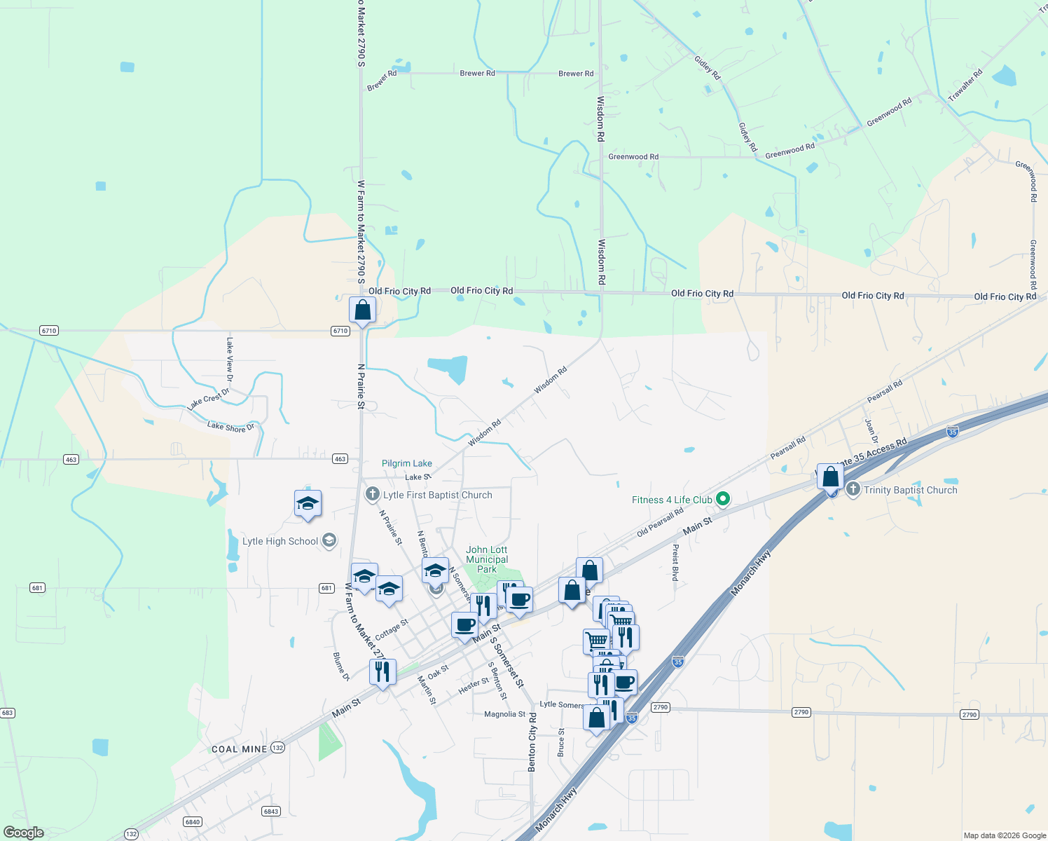 map of restaurants, bars, coffee shops, grocery stores, and more near 18090 Wisdom Rd in Lytle