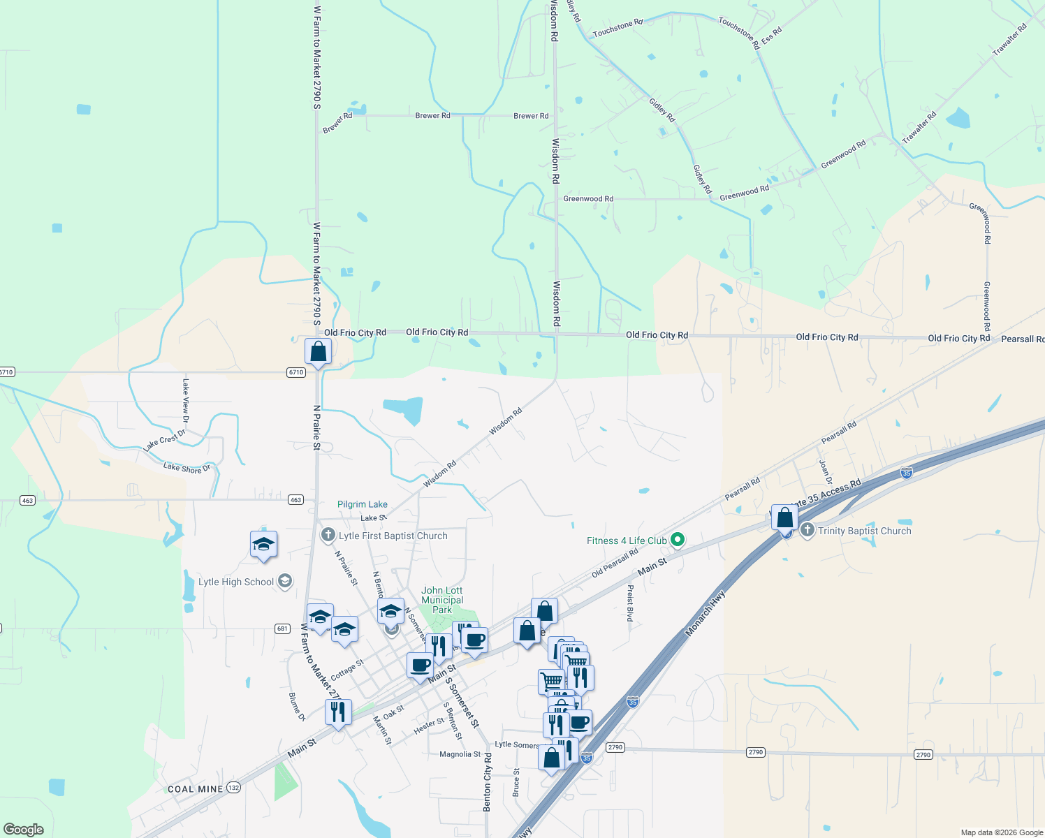 map of restaurants, bars, coffee shops, grocery stores, and more near 17920 Wisdom Road in Lytle