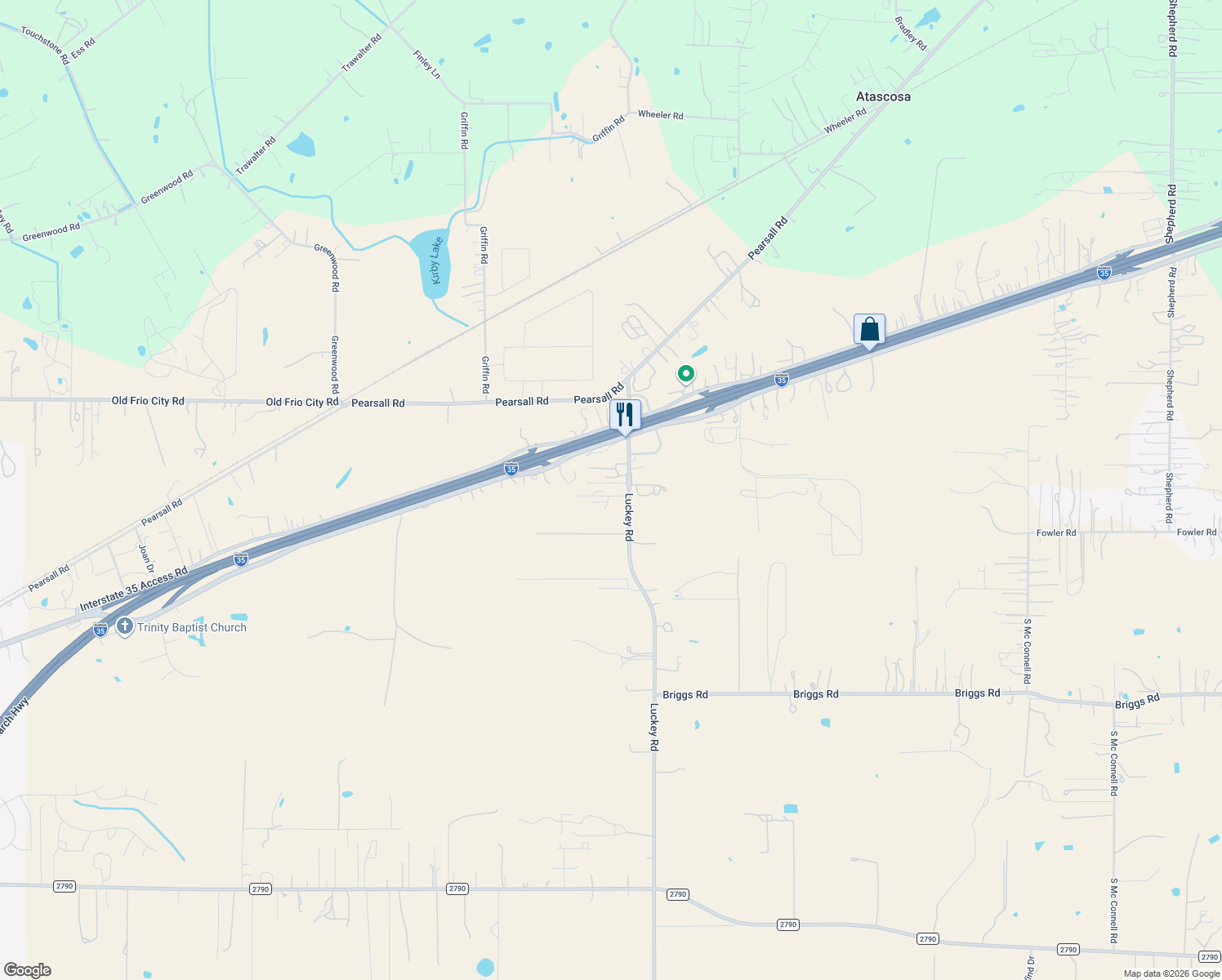 map of restaurants, bars, coffee shops, grocery stores, and more near 17971 Luckey Road in Atascosa