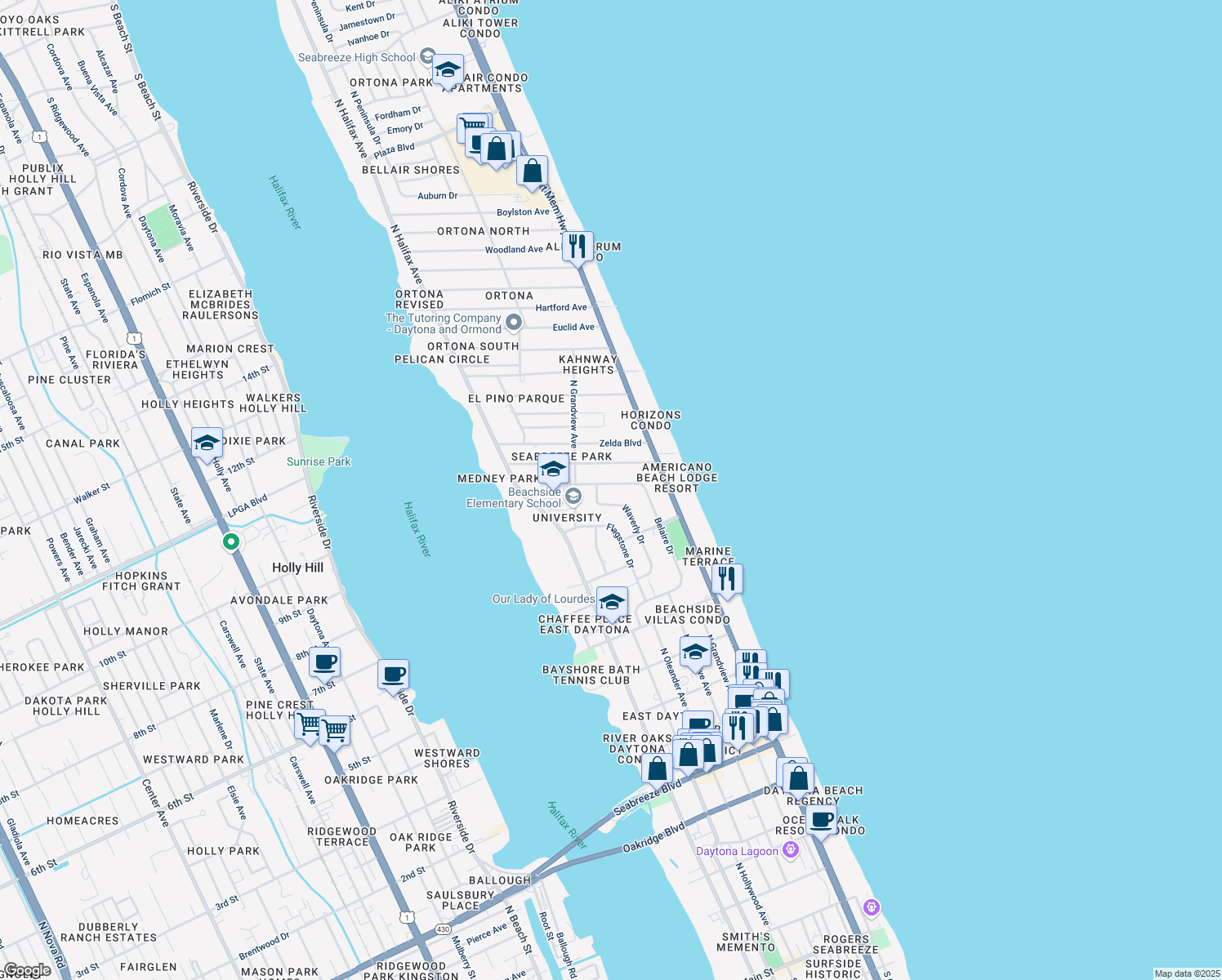 map of restaurants, bars, coffee shops, grocery stores, and more near 1263 Belaire Dr in Daytona Beach