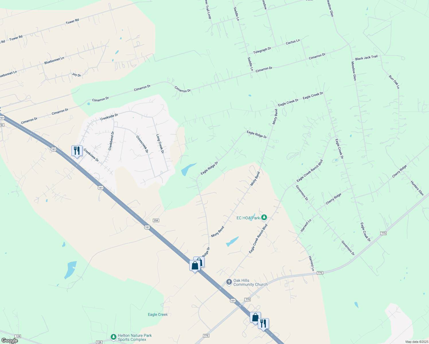 map of restaurants, bars, coffee shops, grocery stores, and more near 106 Hickory Circle in Floresville