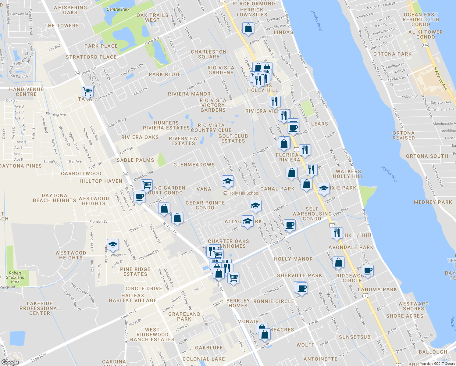 map of restaurants, bars, coffee shops, grocery stores, and more near 1566 Birmingham Avenue in Daytona Beach
