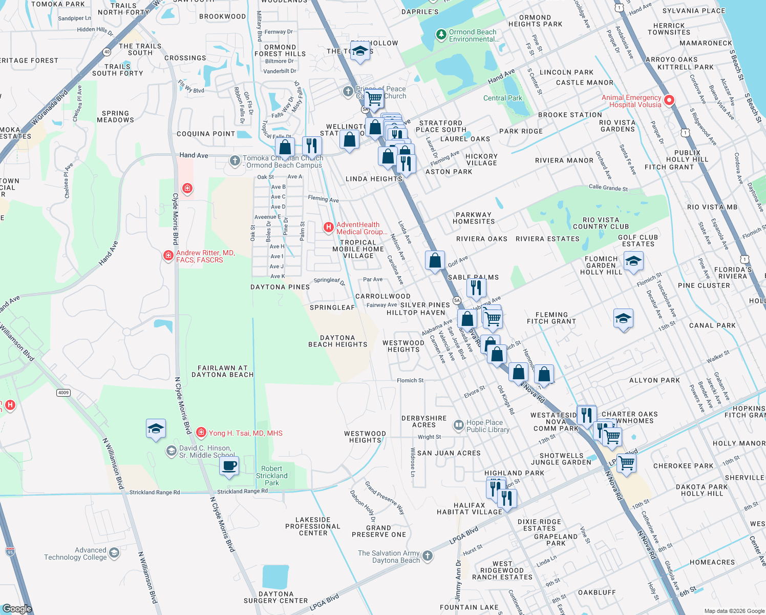 map of restaurants, bars, coffee shops, grocery stores, and more near 1325 Fairway Avenue in Ormond Beach