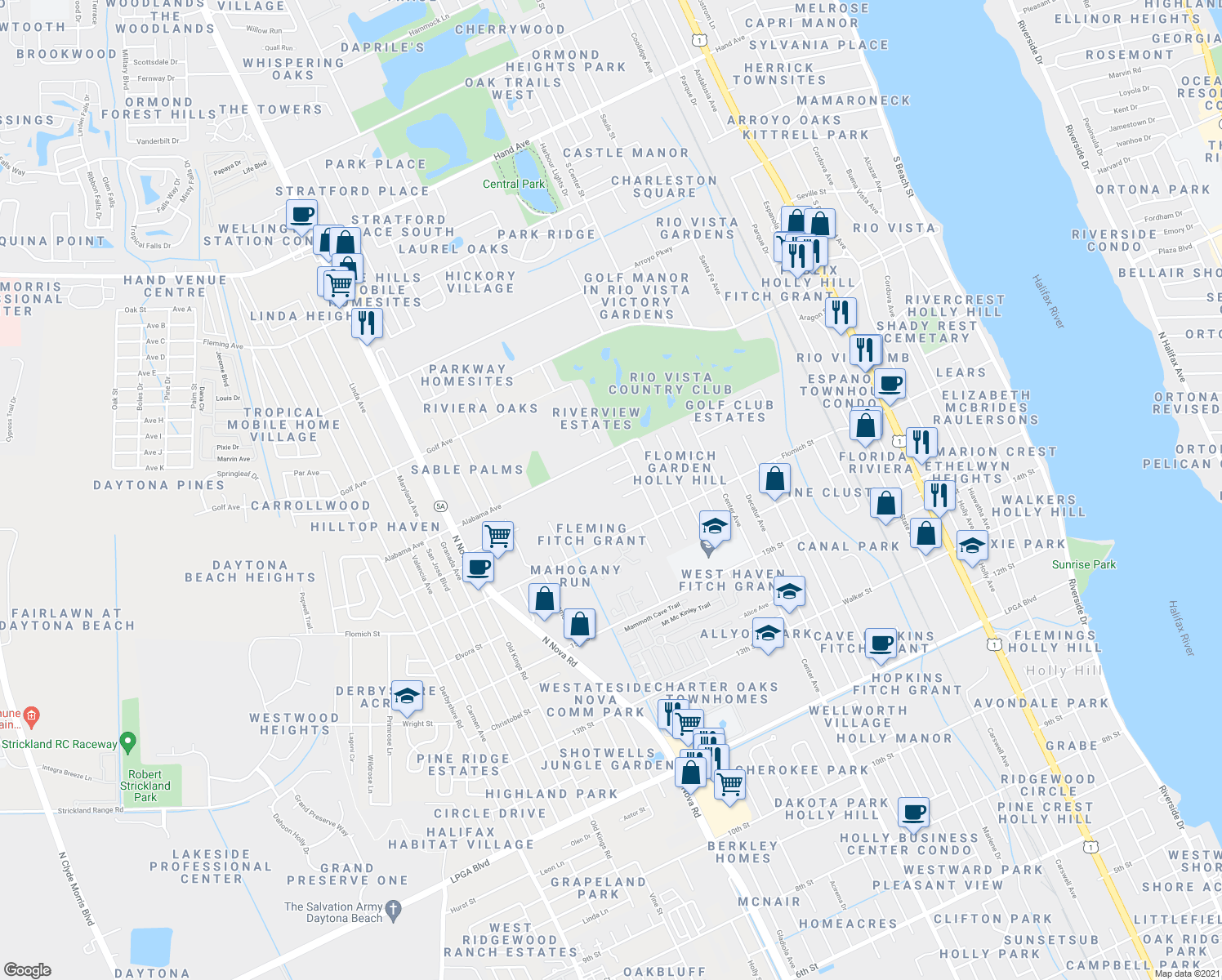 map of restaurants, bars, coffee shops, grocery stores, and more near 917 Kingsport Court in Daytona Beach