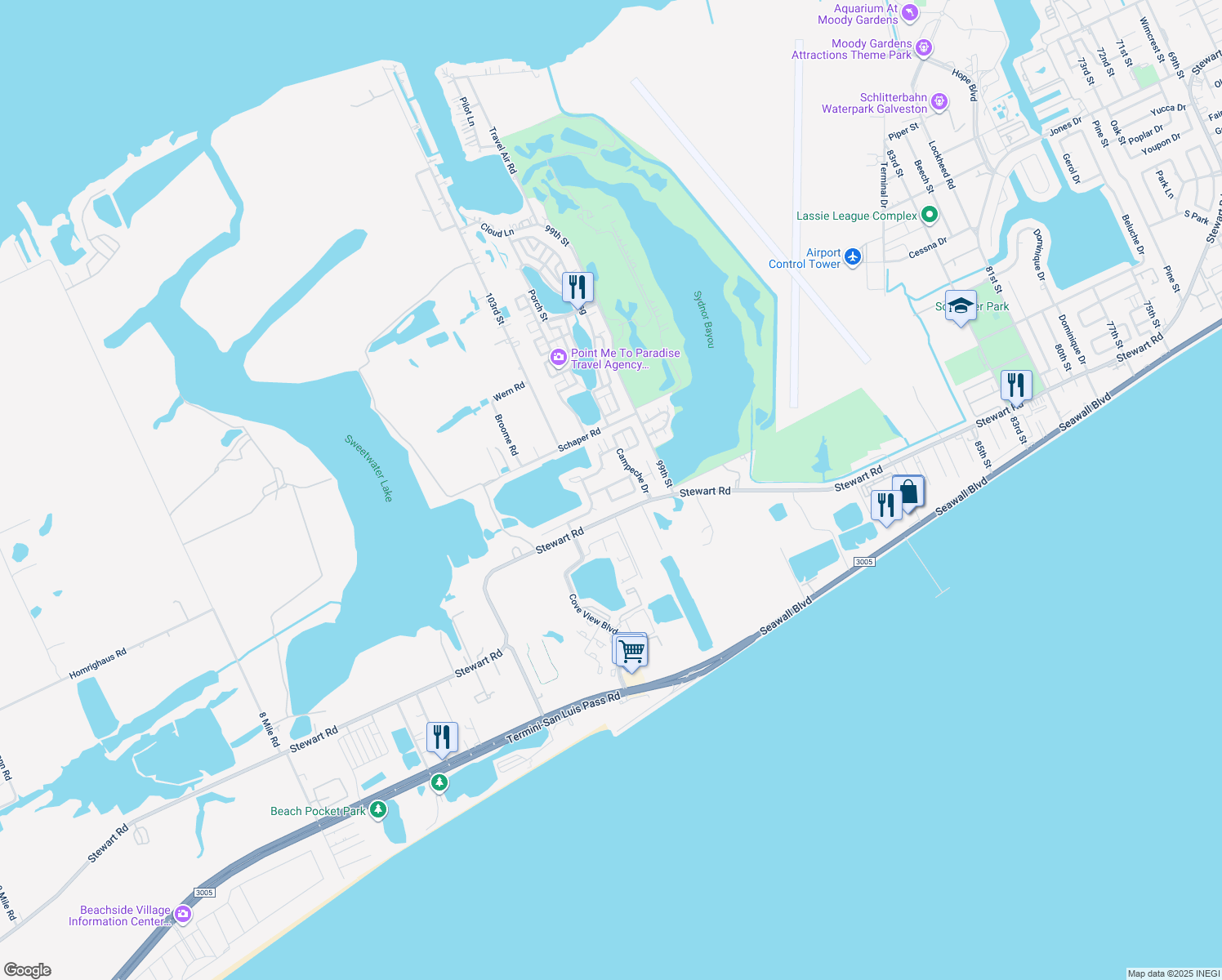 map of restaurants, bars, coffee shops, grocery stores, and more near 21 Tradewinds Dr in Galveston