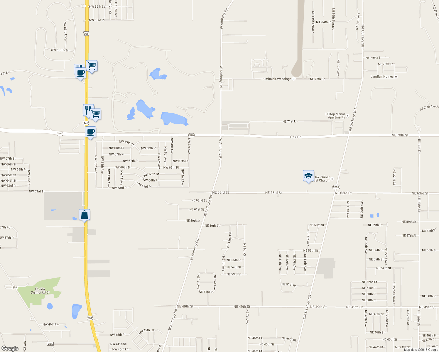 map of restaurants, bars, coffee shops, grocery stores, and more near 6497 West Anthony Road in Ocala