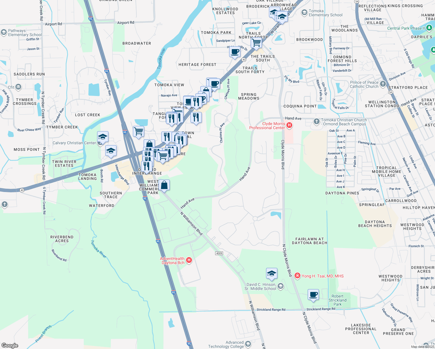 map of restaurants, bars, coffee shops, grocery stores, and more near 474 Chelsea Pl Ave in Ormond Beach