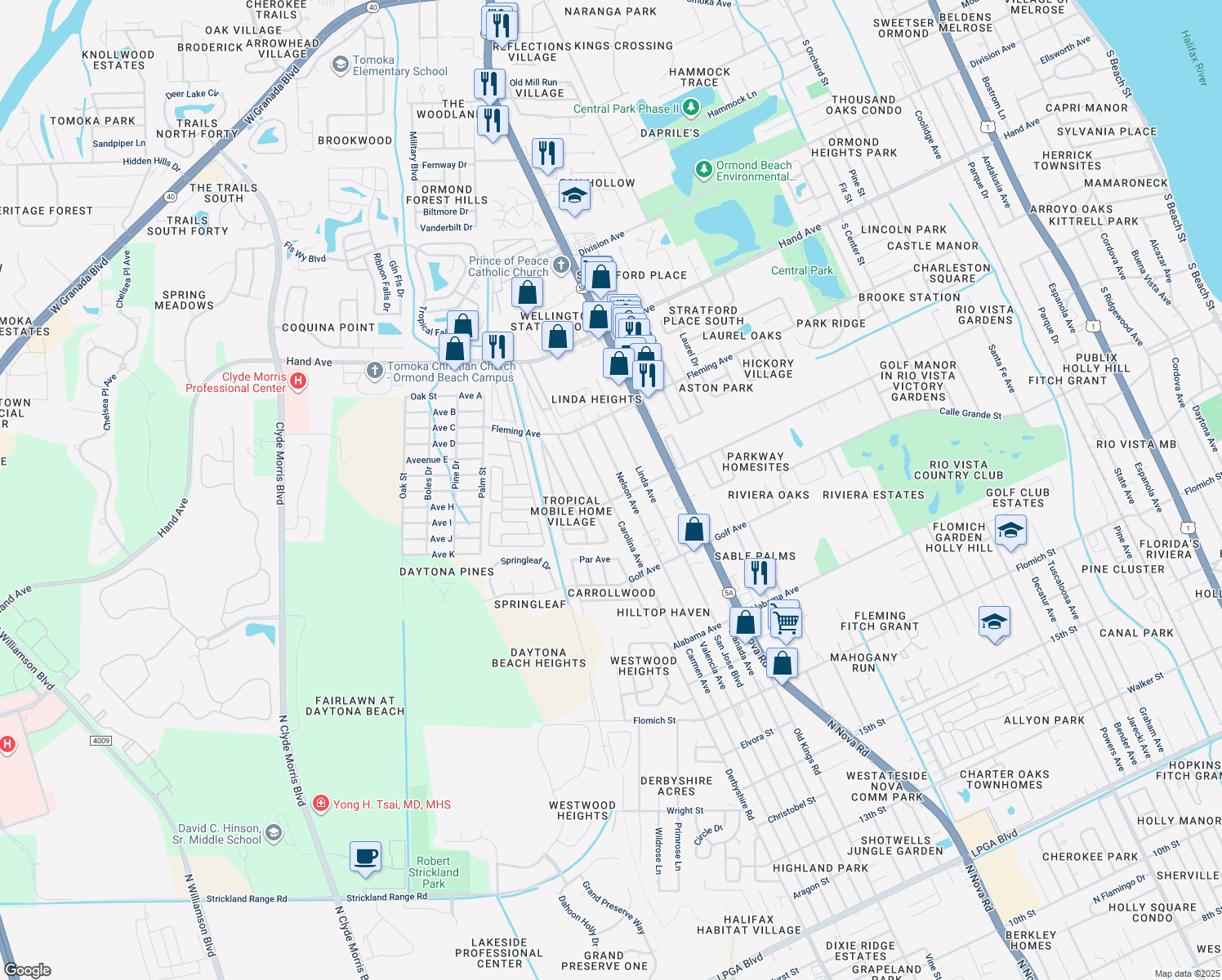 map of restaurants, bars, coffee shops, grocery stores, and more near 1903 Carolina Avenue in Ormond Beach