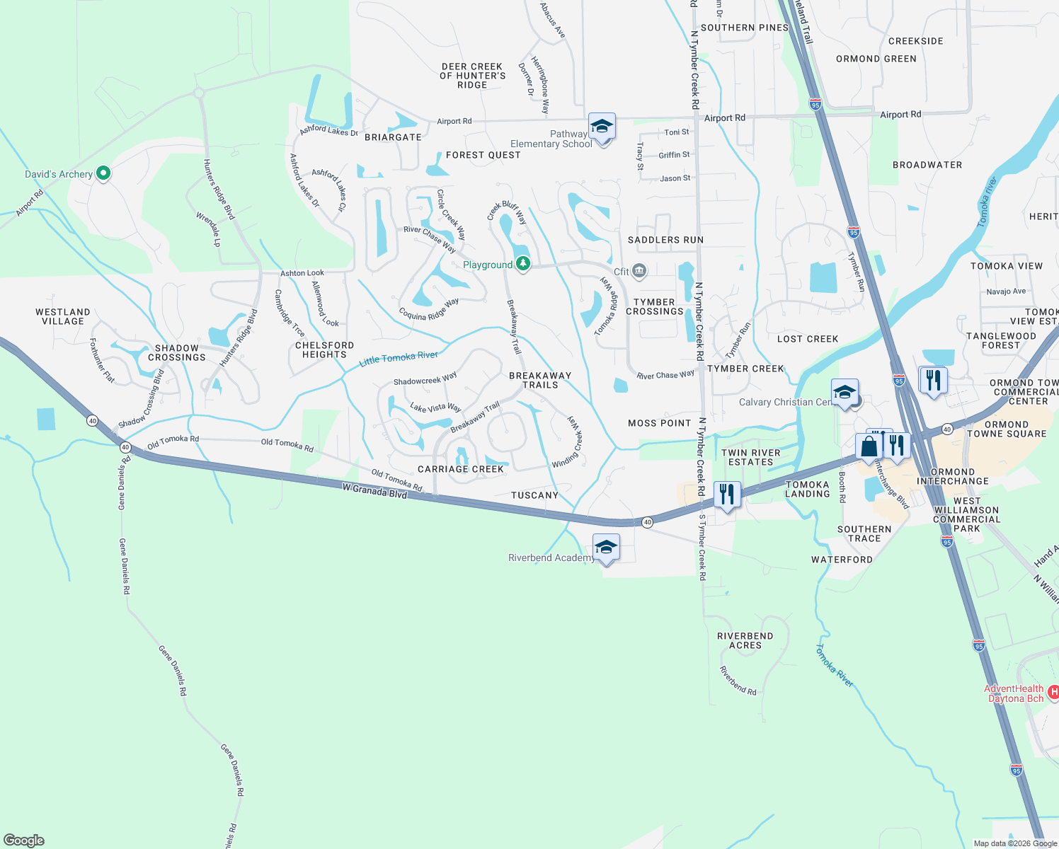 map of restaurants, bars, coffee shops, grocery stores, and more near 39 Forest View Way in Ormond Beach