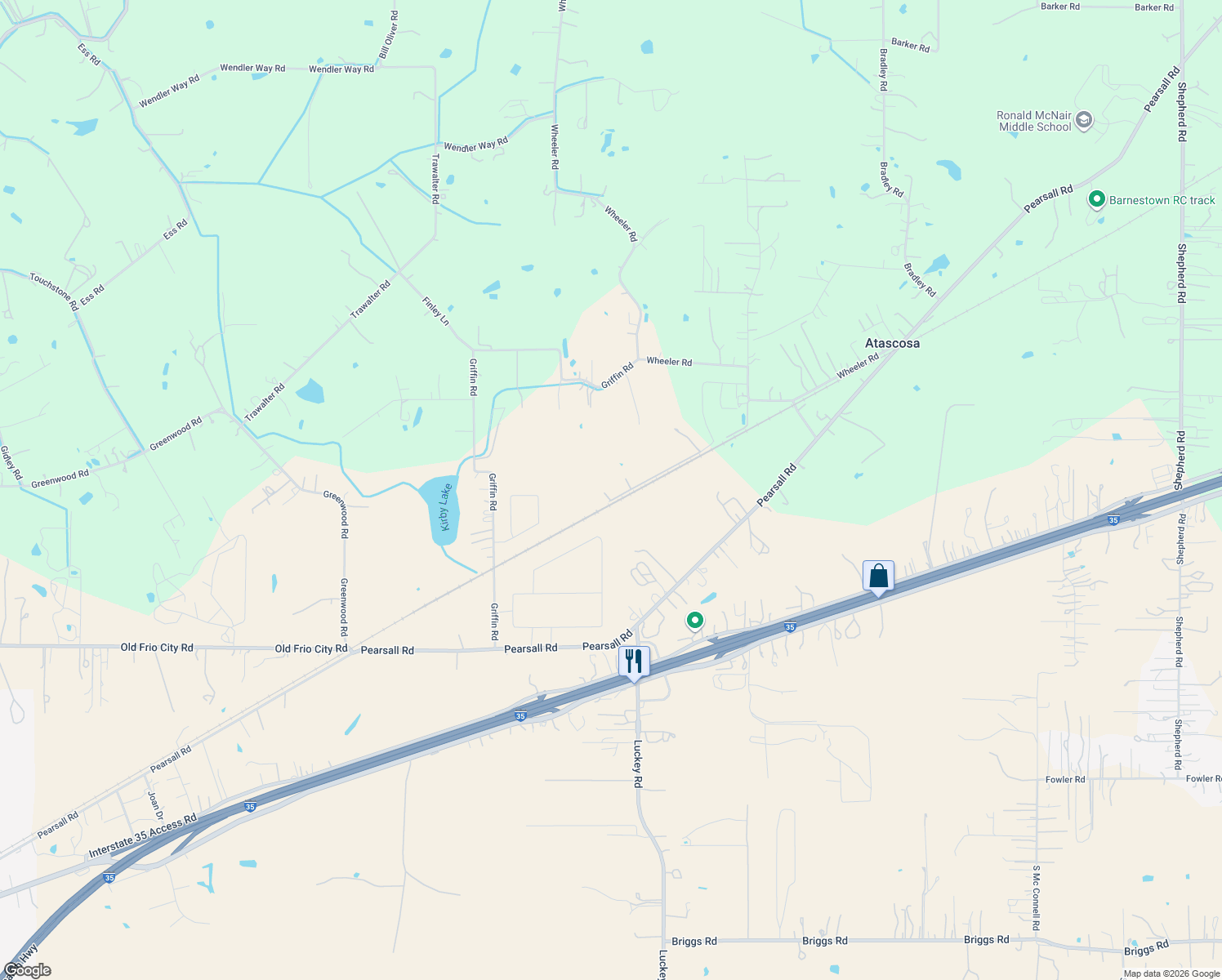 map of restaurants, bars, coffee shops, grocery stores, and more near 16775 Llewellyn Rd in Atascosa