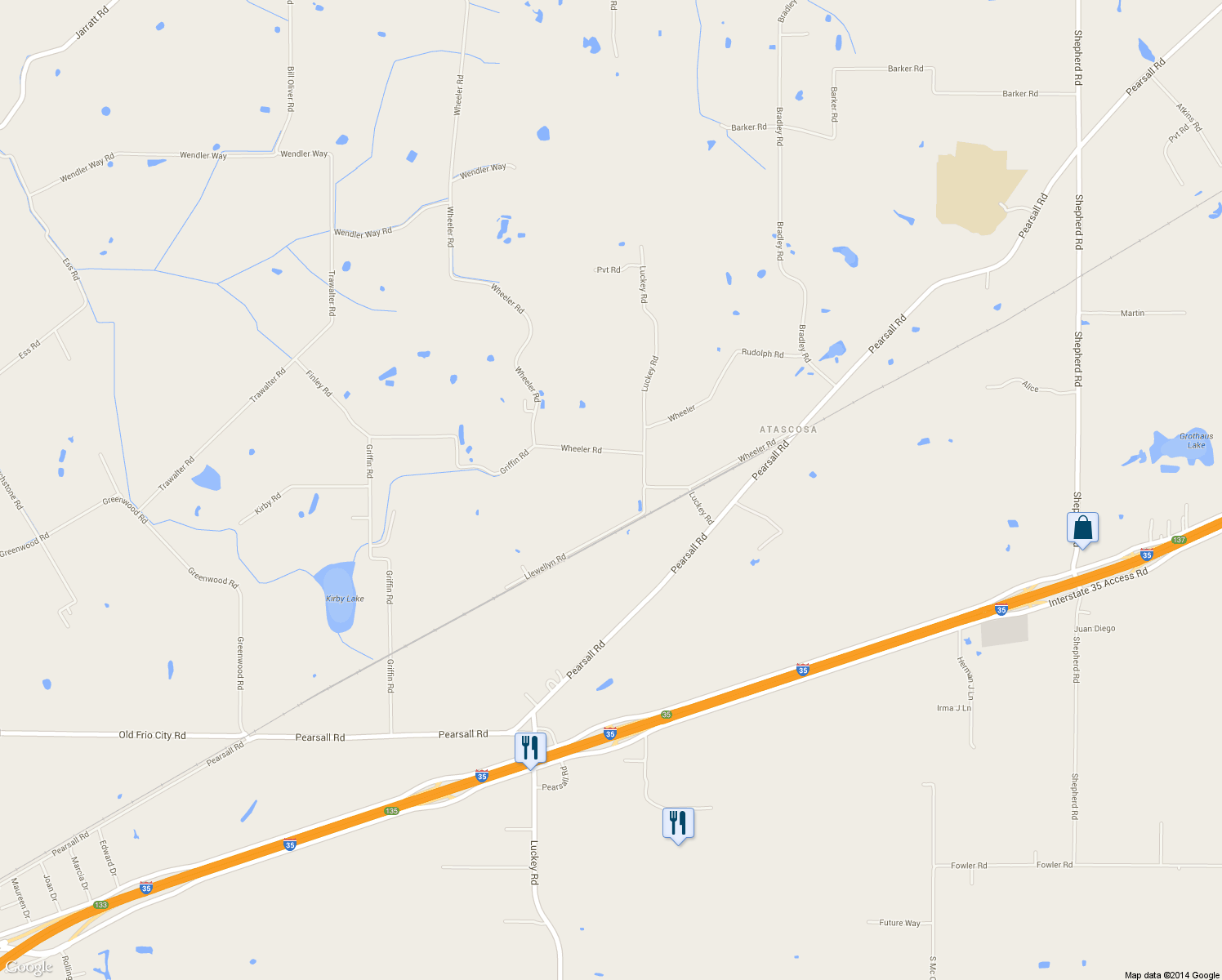 map of restaurants, bars, coffee shops, grocery stores, and more near 16211 Wheeler Rd in Atascosa