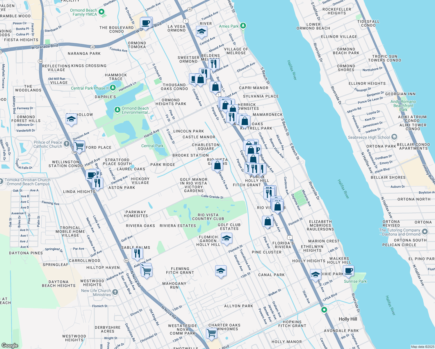 map of restaurants, bars, coffee shops, grocery stores, and more near 722 Santa Fe Avenue in Ormond Beach