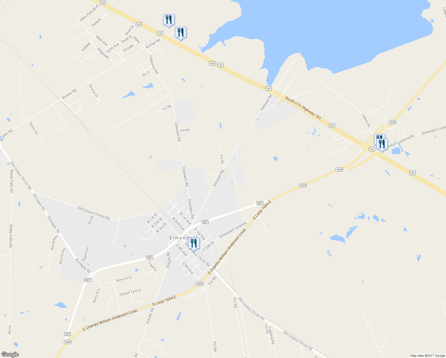 map of restaurants, bars, coffee shops, grocery stores, and more near 15968 Kilowatt Road in Elmendorf