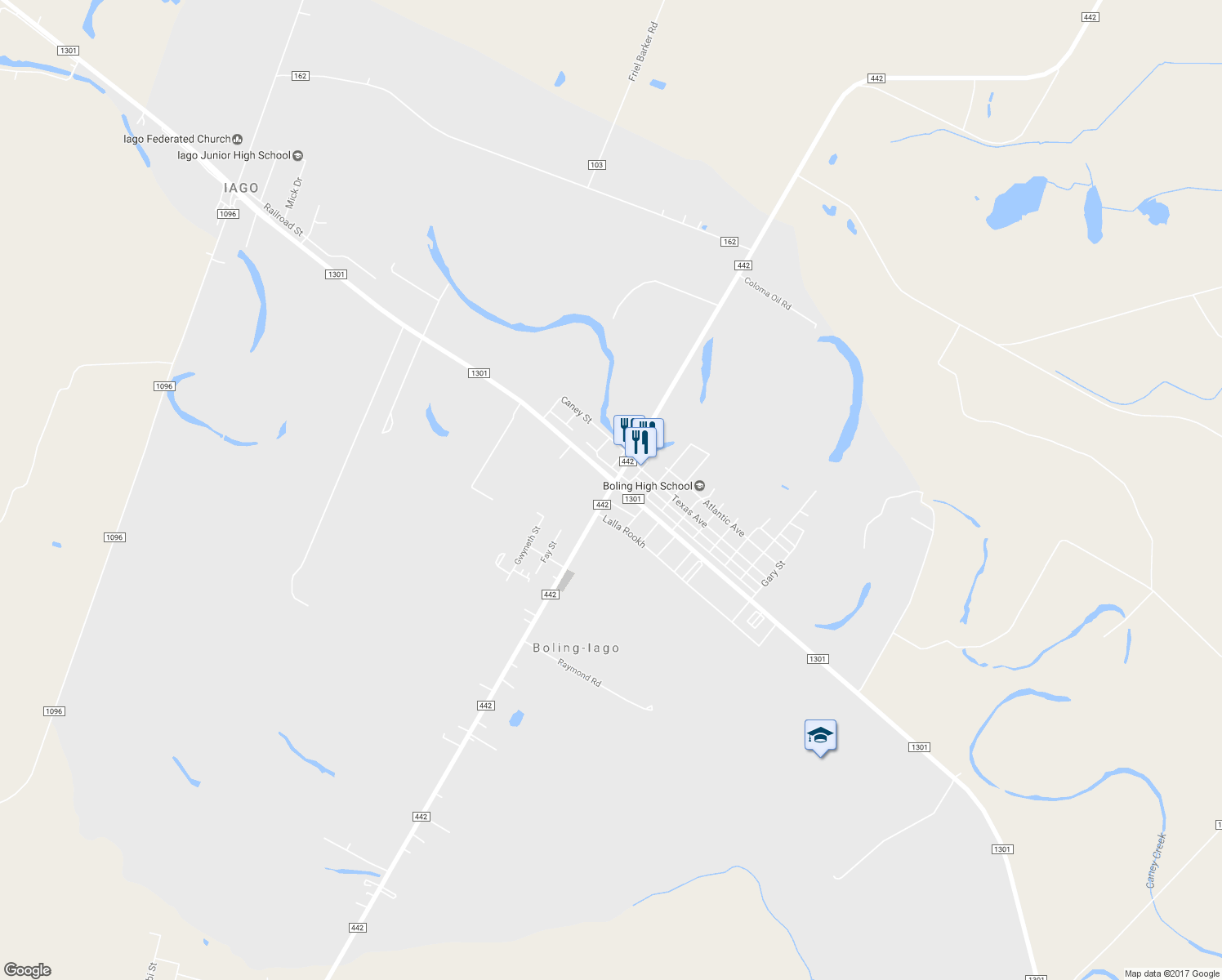 map of restaurants, bars, coffee shops, grocery stores, and more near 8930 Farm to Market Road 442 in Boling-Iago