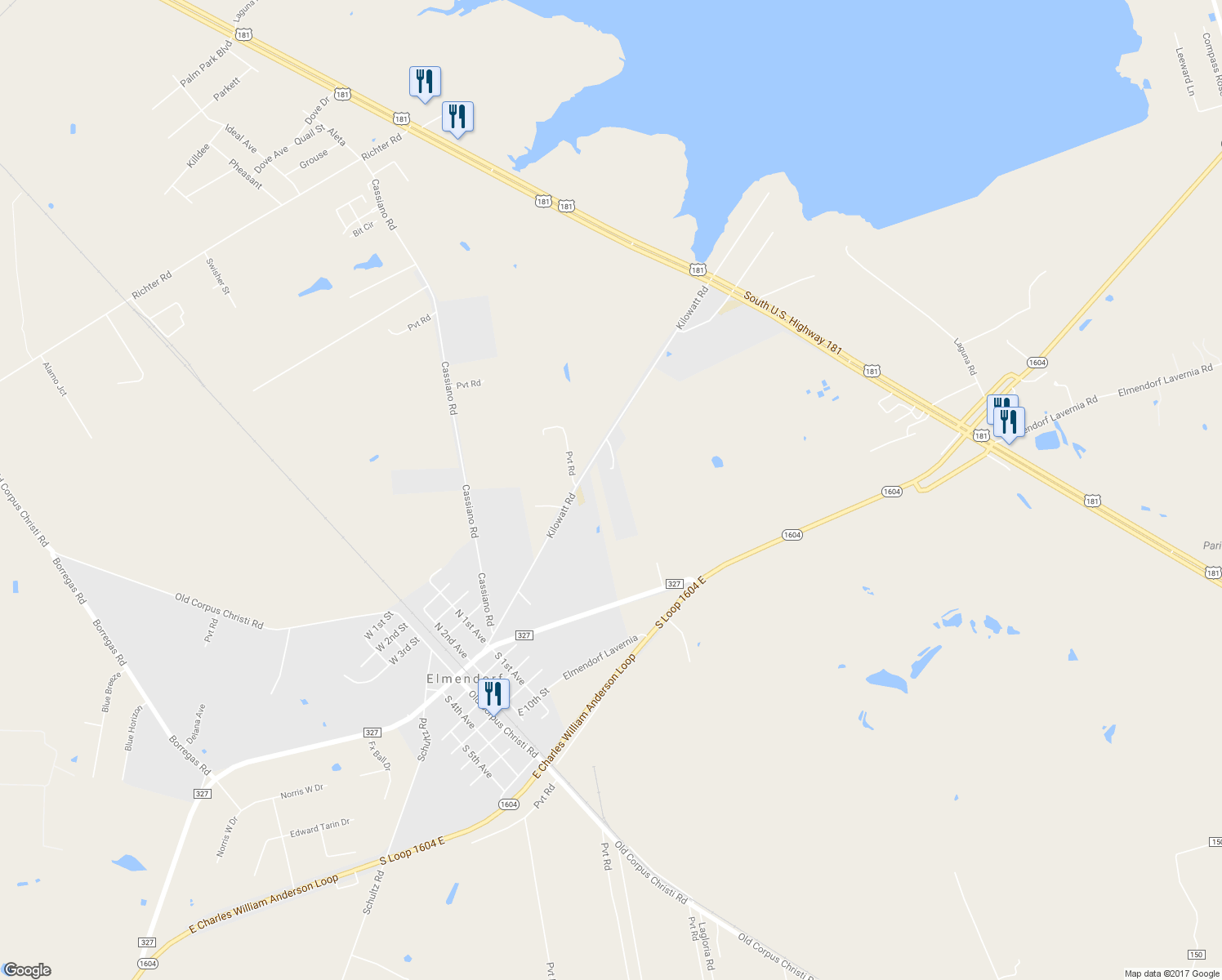 map of restaurants, bars, coffee shops, grocery stores, and more near 15700 Kilowatt Road in Elmendorf