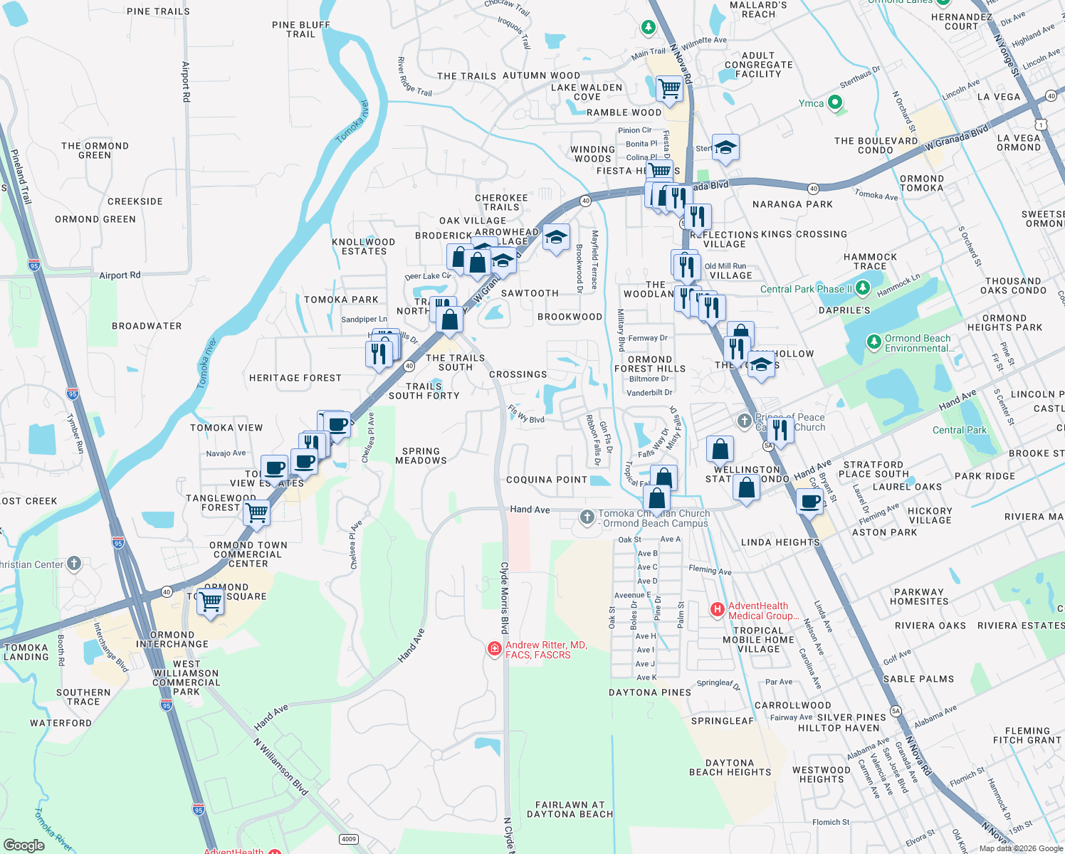 map of restaurants, bars, coffee shops, grocery stores, and more near Falls Way in Ormond Beach