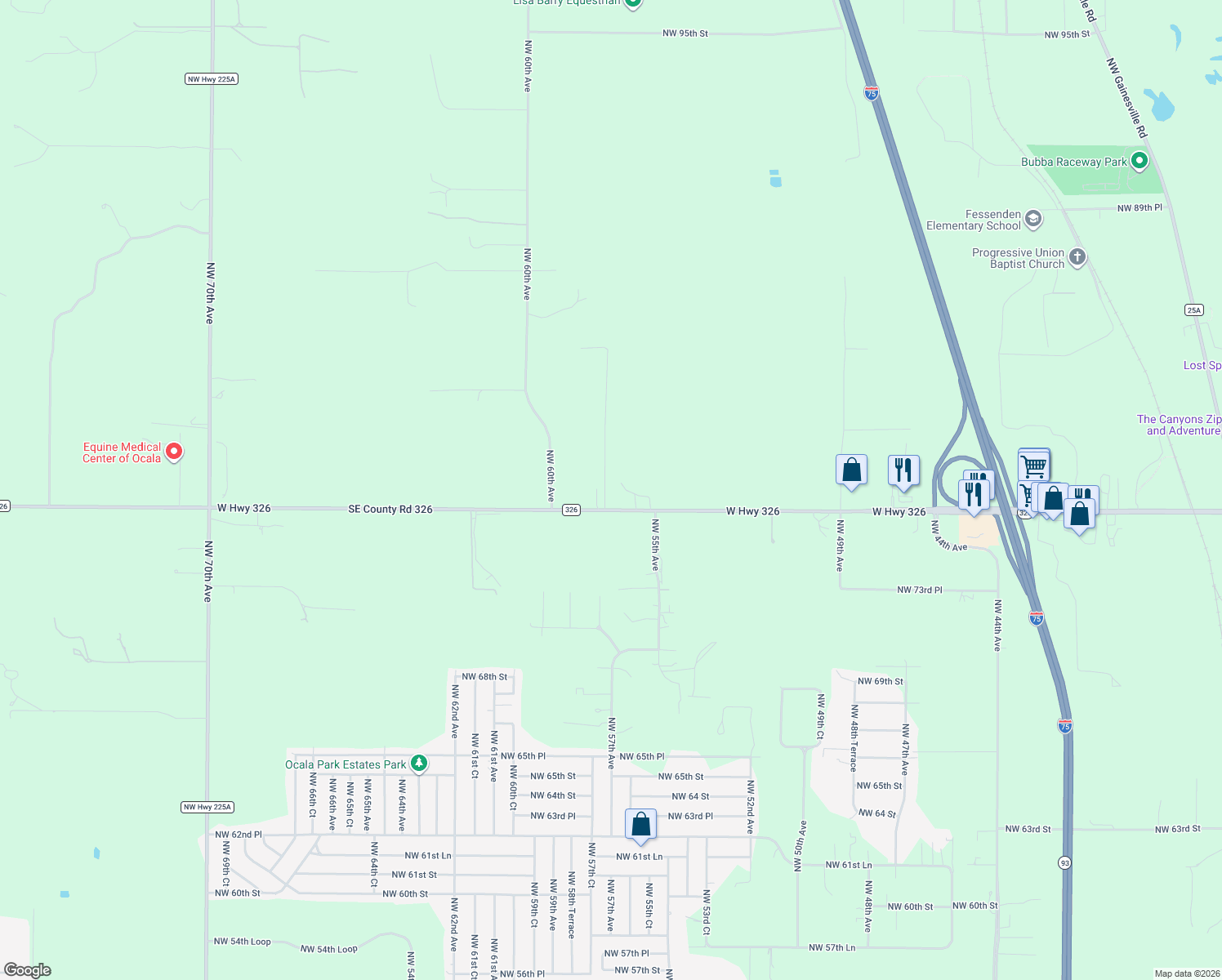 map of restaurants, bars, coffee shops, grocery stores, and more near 5731 County Road 326 in Ocala