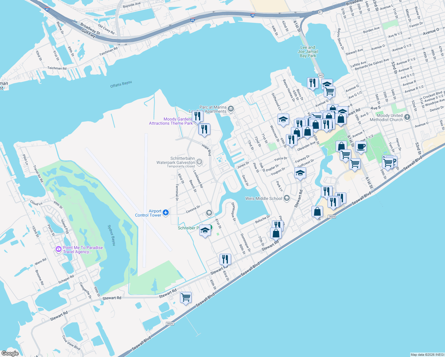 map of restaurants, bars, coffee shops, grocery stores, and more near 6 Legas Drive in Galveston