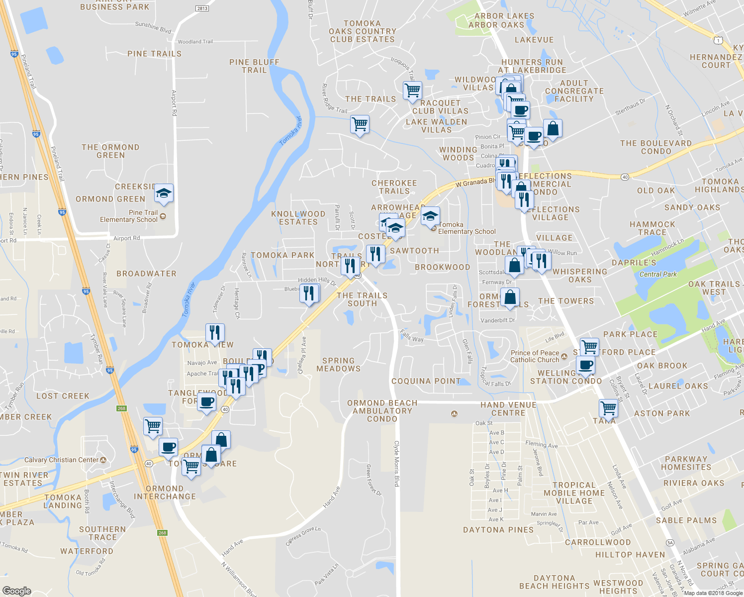 map of restaurants, bars, coffee shops, grocery stores, and more near 95 Oxbow Trail in Ormond Beach