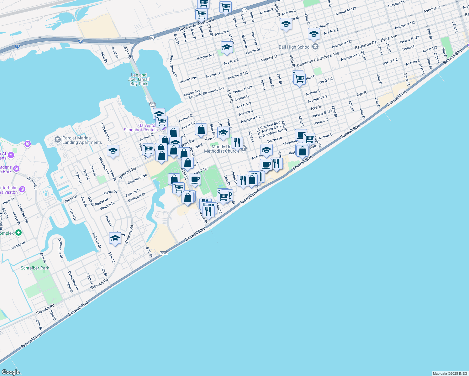map of restaurants, bars, coffee shops, grocery stores, and more near 5501 Swan Drive in Galveston