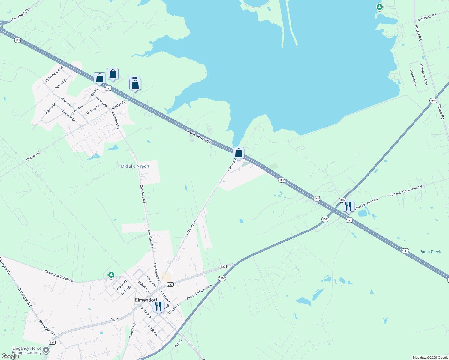 map of restaurants, bars, coffee shops, grocery stores, and more near 15130 Kilowatt Road in Elmendorf