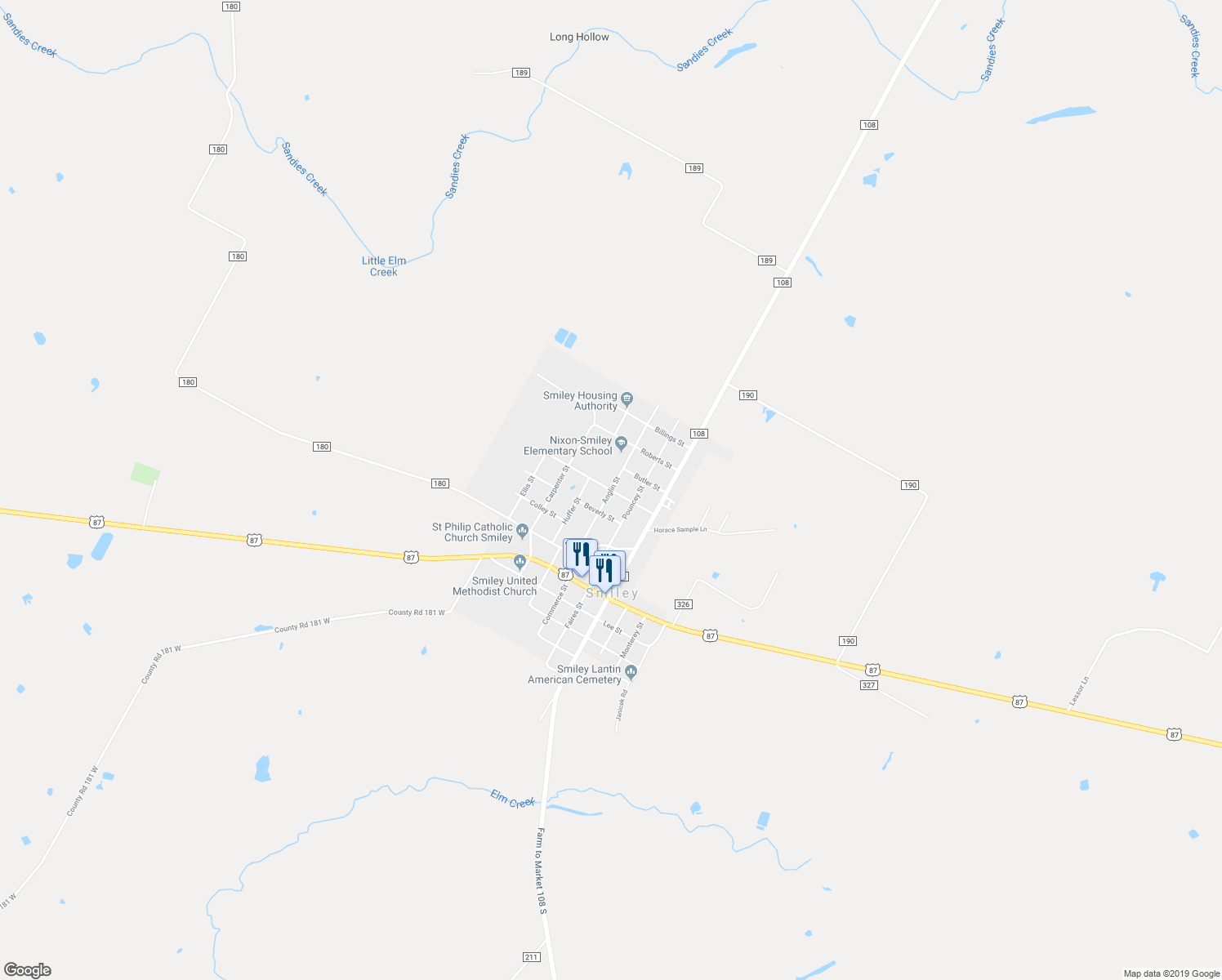 map of restaurants, bars, coffee shops, grocery stores, and more near 300 Bundick Street in Smiley