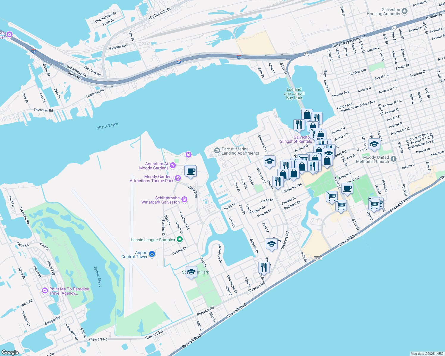 map of restaurants, bars, coffee shops, grocery stores, and more near 7504 Avenue P 1/2 in Galveston