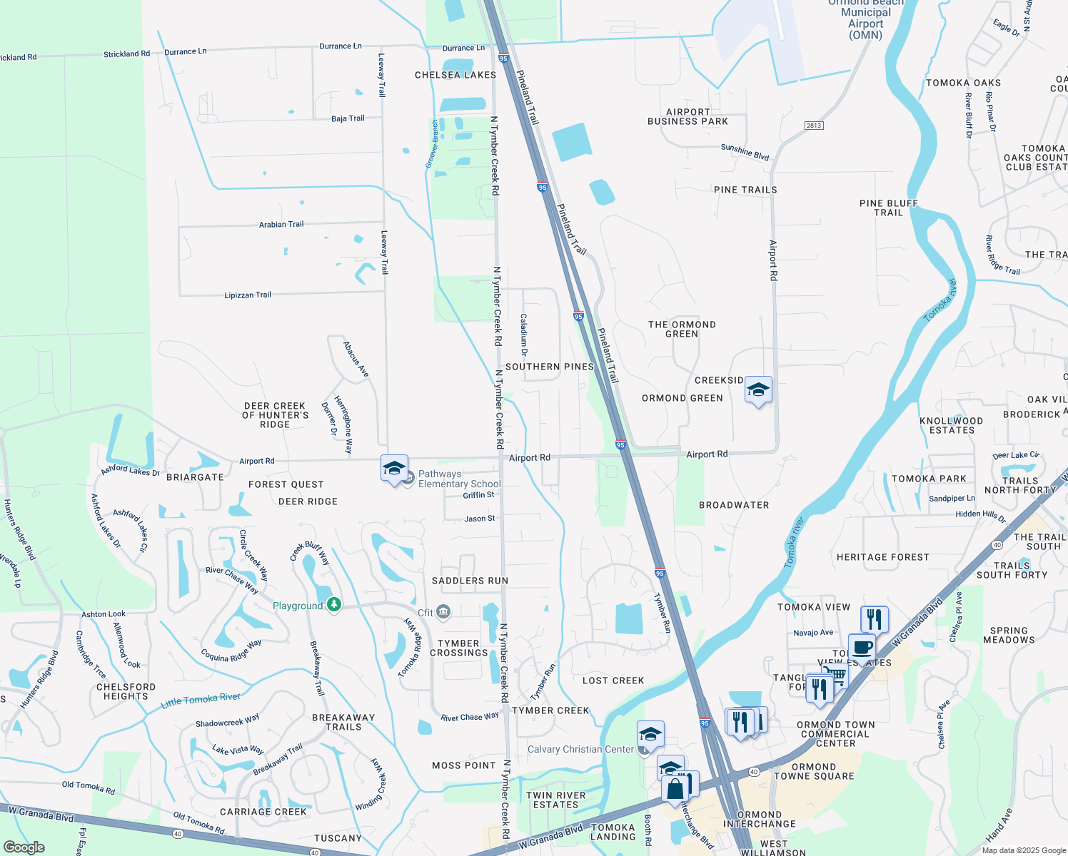 map of restaurants, bars, coffee shops, grocery stores, and more near 320 Endora Street in Ormond Beach