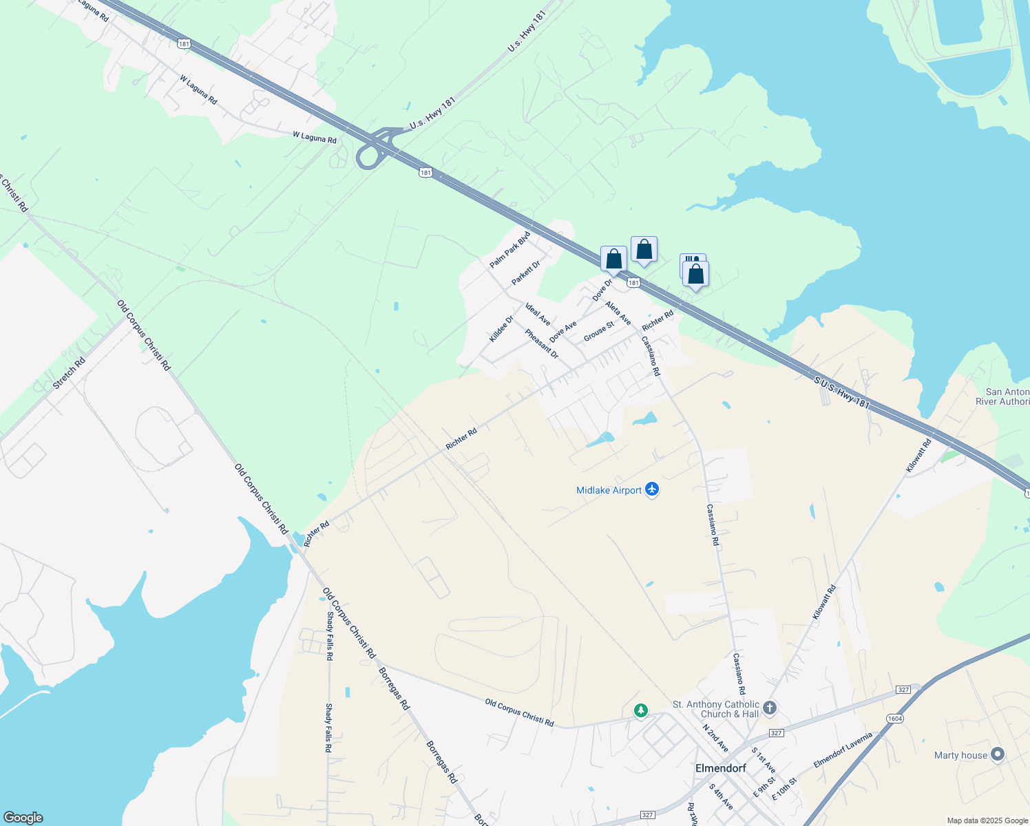 map of restaurants, bars, coffee shops, grocery stores, and more near 14706 Swisher Street in Elmendorf