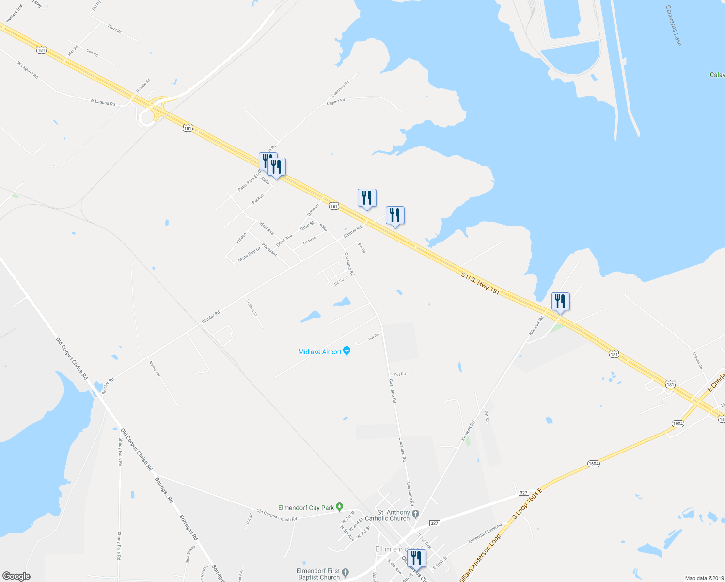 map of restaurants, bars, coffee shops, grocery stores, and more near 14813 Cassiano Road in Elmendorf