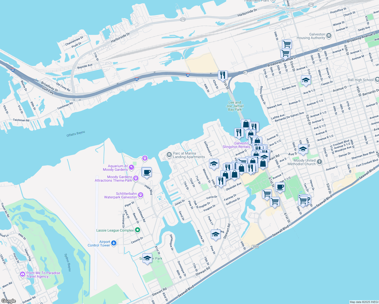 map of restaurants, bars, coffee shops, grocery stores, and more near 8 Back Bay Circle in Galveston