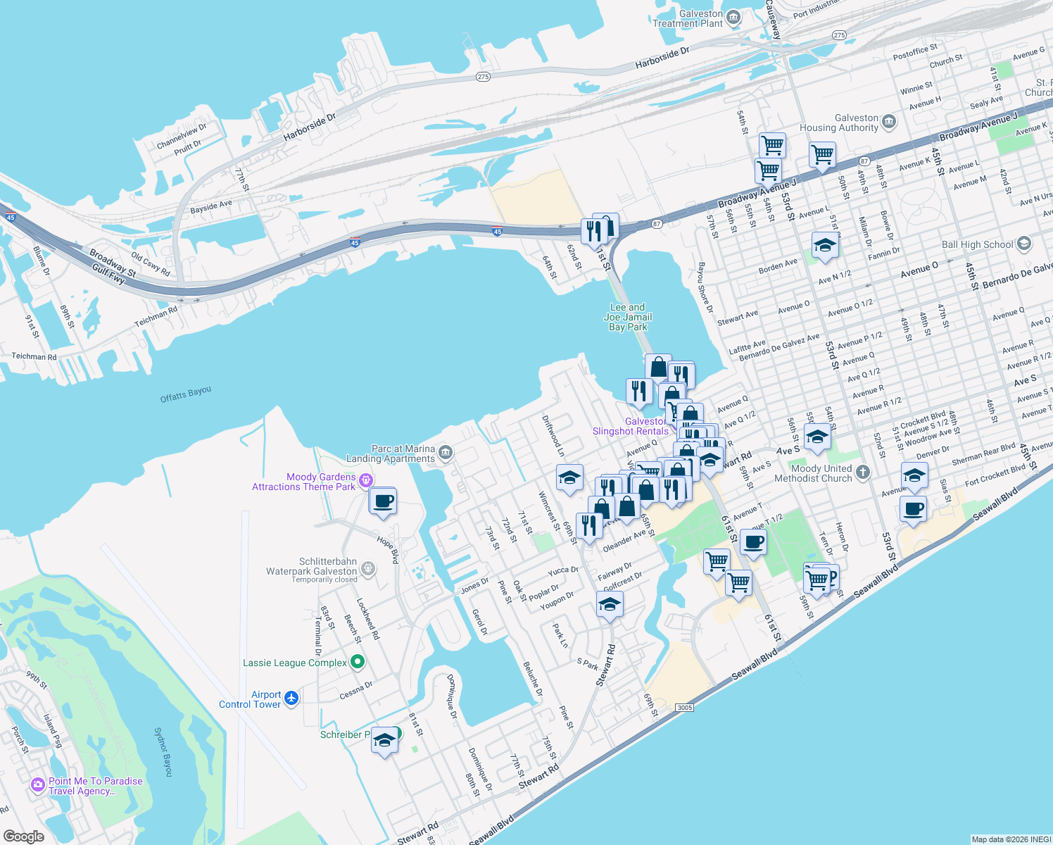 map of restaurants, bars, coffee shops, grocery stores, and more near 6815 Driftwood Lane in Galveston