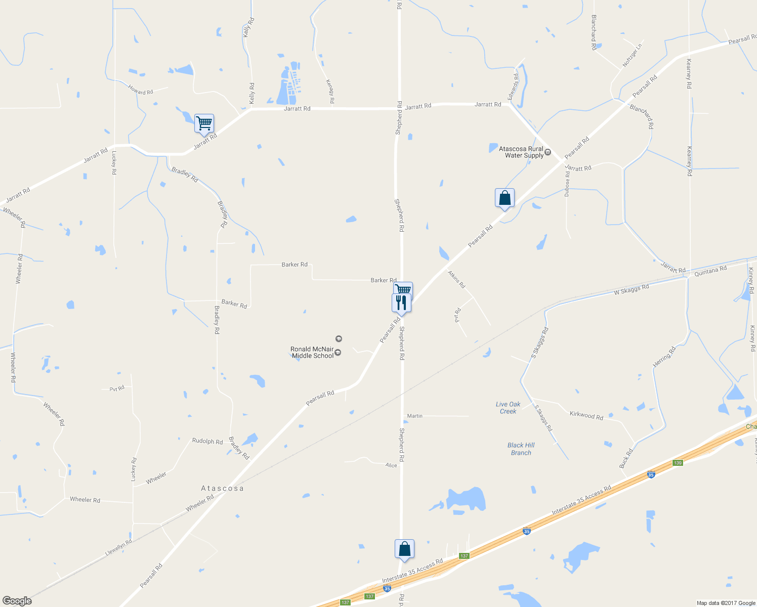 map of restaurants, bars, coffee shops, grocery stores, and more near 14515 Shepherd Road in Atascosa