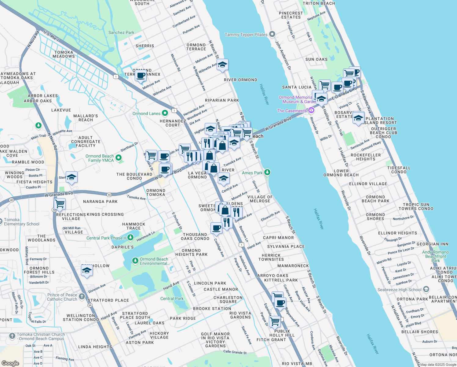 map of restaurants, bars, coffee shops, grocery stores, and more near 147 S Washington St in Ormond Beach